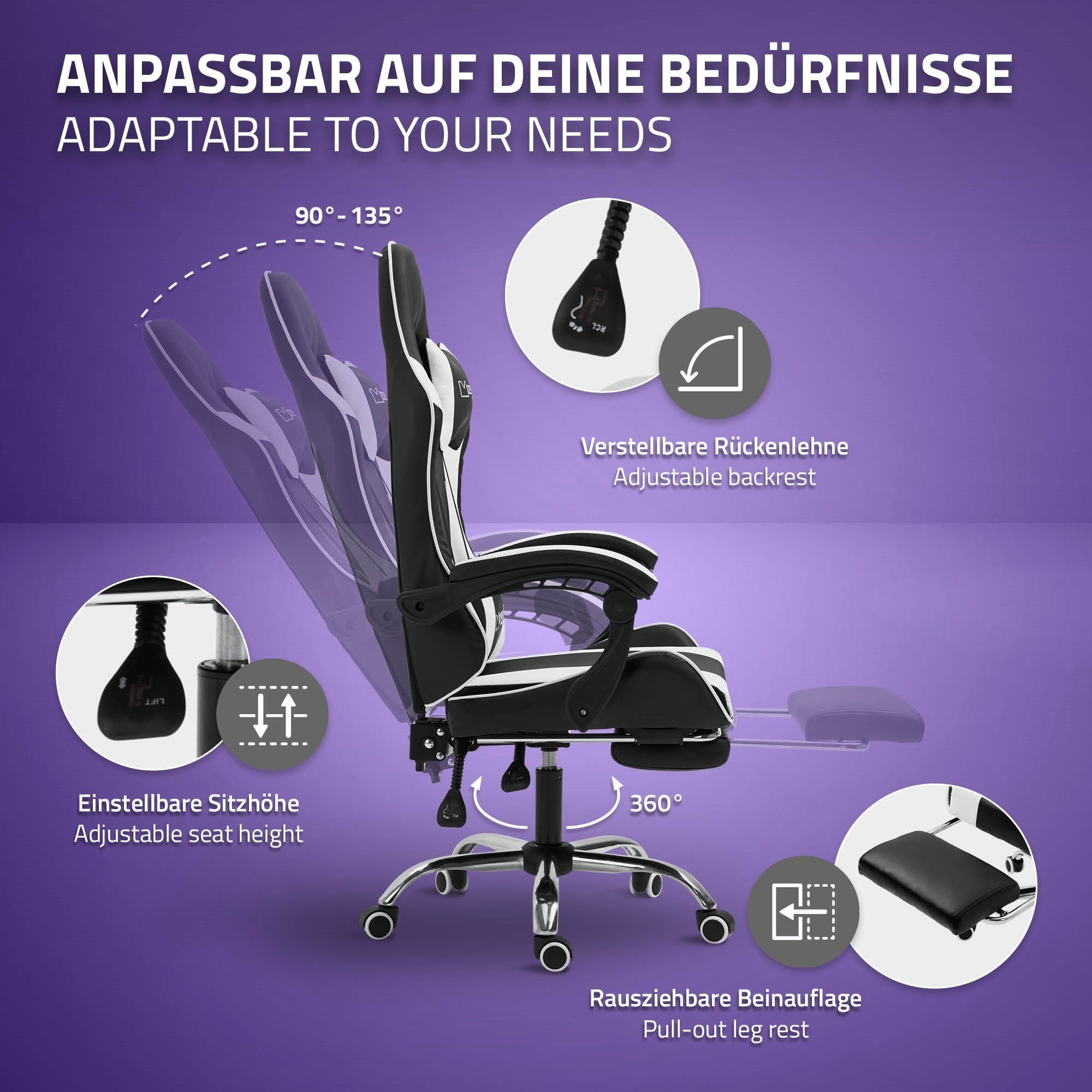 PU-Leder, Armlehne, mit aus Racing Bürostuhl, Kopfstütze, verstellbar, Gamingstuhl Gaming-Stuhl Fußstütze ML-DESIGN Massage Weiß Lendenkissen, Gamer Stuhl