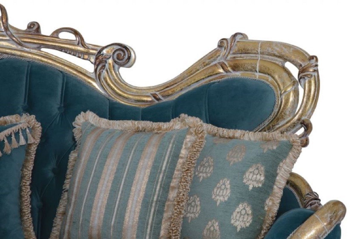 Casa Padrino Sofa Muster Sofa mit Barock Sofa Möbel Barockstil elegantem Wohnzimmer Handgefertigtes Wohnzimmer Blau Barock - Gold - Luxus 