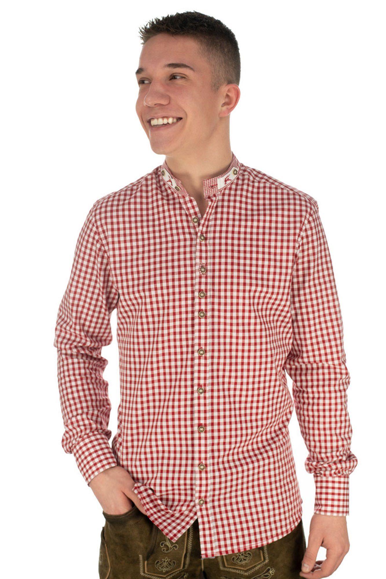 OS-Trachten Trachtenhemd Prabu Langarmhemd mit Stehkragen mit Riegel mittelrot