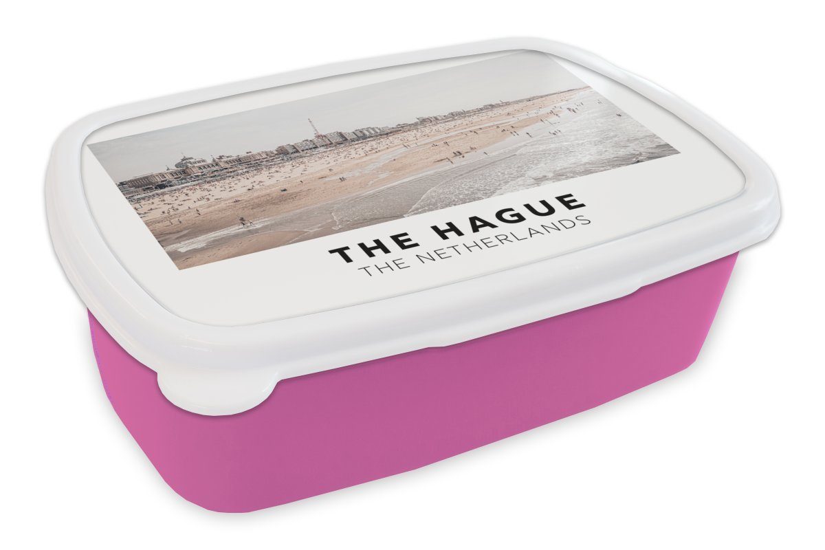 MuchoWow Lunchbox Niederlande - Den Haag - Strand, Kunststoff, (2-tlg), Brotbox für Erwachsene, Brotdose Kinder, Snackbox, Mädchen, Kunststoff rosa