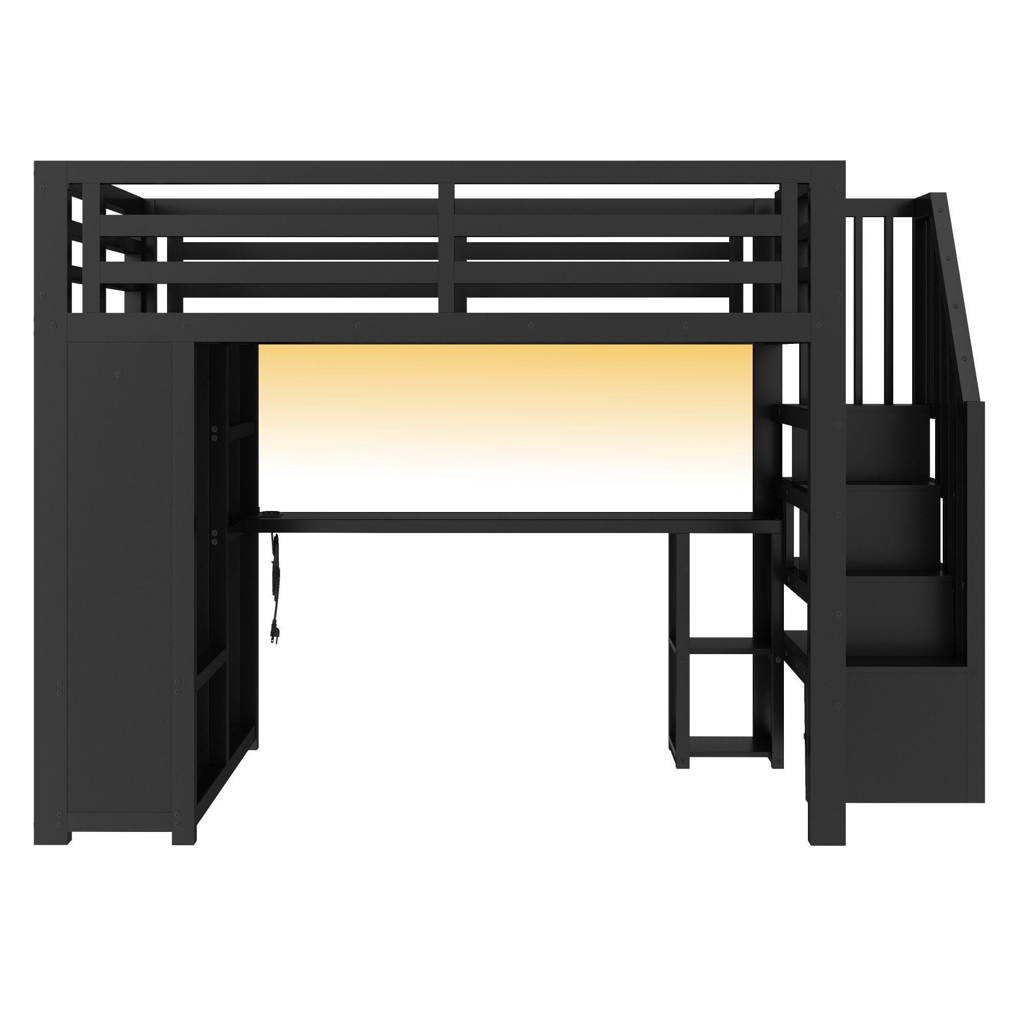 Merax Hochbett mit LED-Beleuchtung & USB-Anschluss (Kinderbett Jugendbett, 1-St) Metallbett 140x200cm mit Schreibtisch Kleiderschrank Treppe Stauraum – Bild 5 von 5