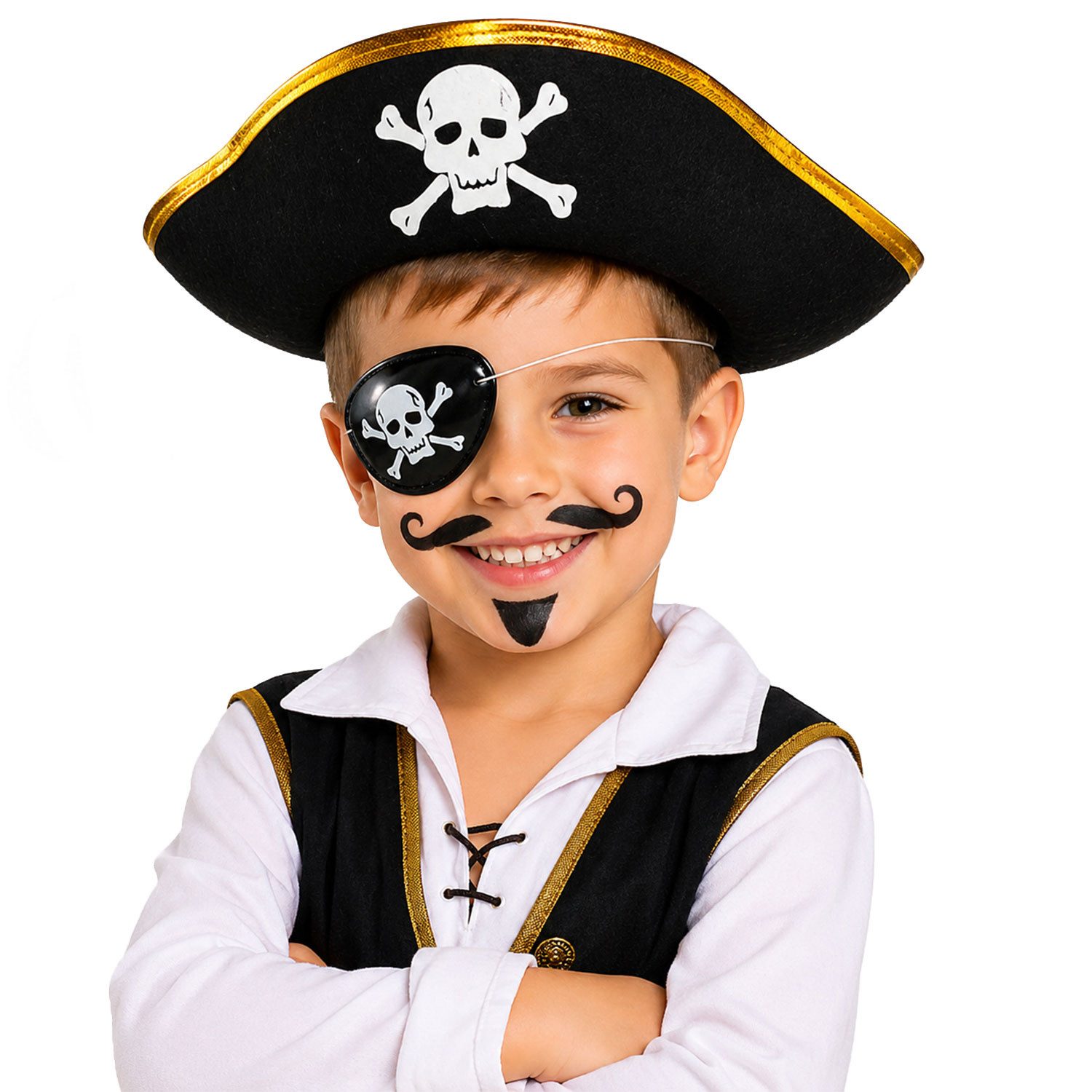Das Kostümland Kostüm Piratenhut mit Totenkopf für Kinder, Schwarz Gold