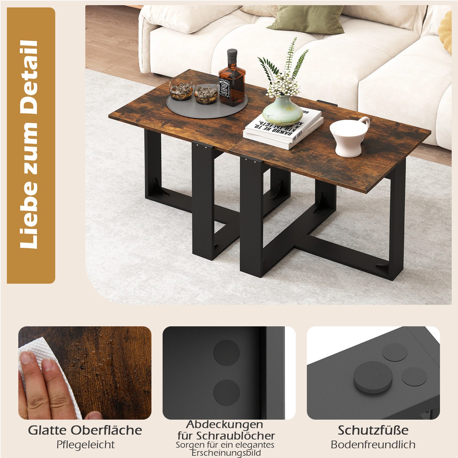 COSTWAY Beistelltisch (1-St), Couchtisch, quadratisch mit T-förmigem Metallfuß