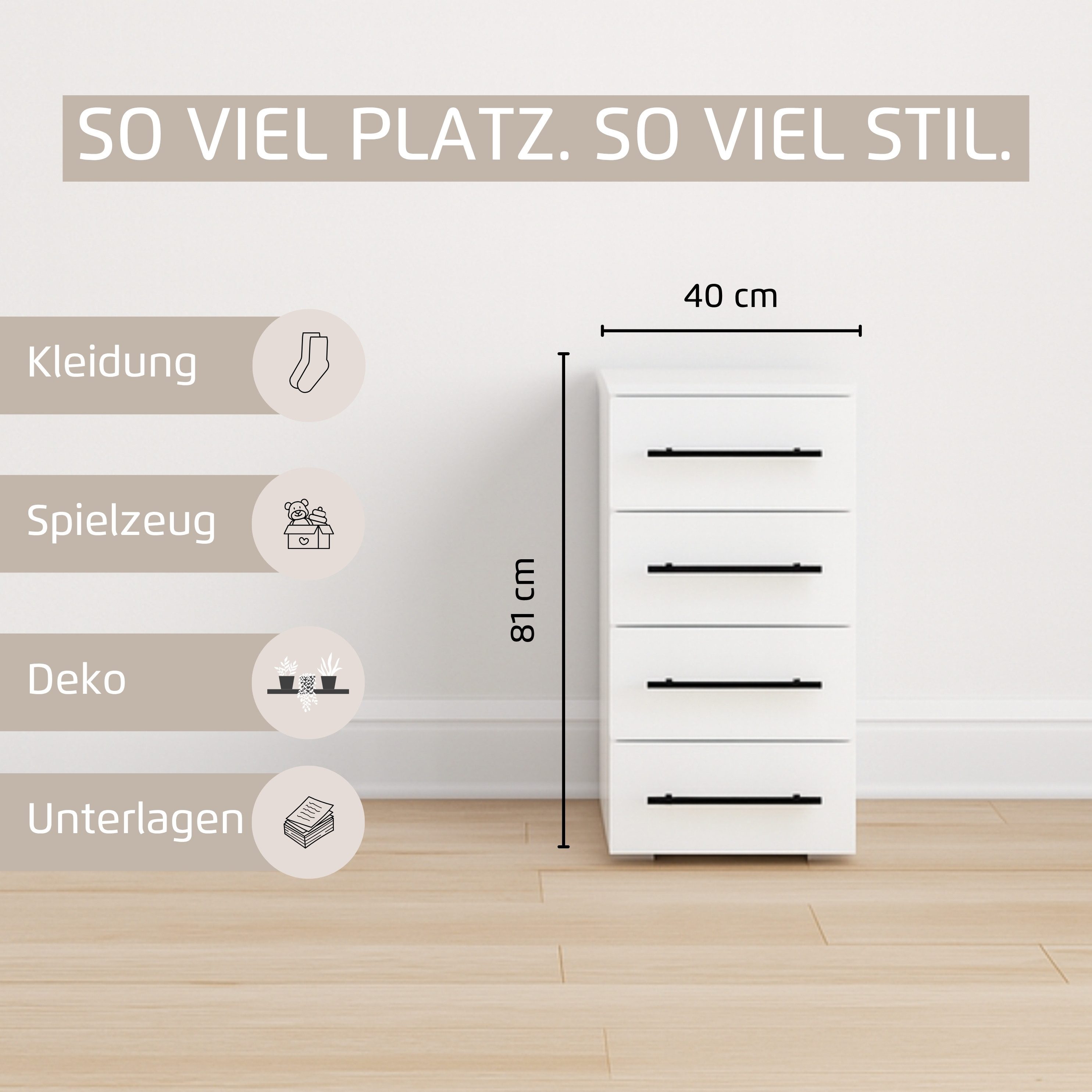 OTTO home Schubkastenkommode Kommode Sideboard Schubladenkommode Schlafzimmerkommode AVOLA (Breite 40 cm inkl. SOFT-CLOSE-FUNKTION mit Dekorfront), mit 4 geräumigen Schubladen für viel Stauraum MADE IN GERMANY