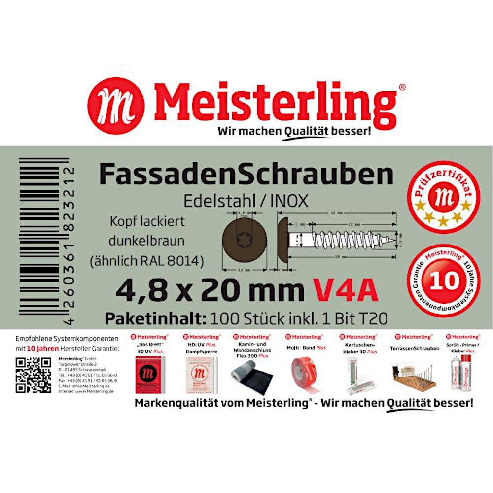 Meisterling® Fassadenschraube INOX, (V4A - 4,8 x 20 mm, Flachkopf Torx T20, 100 Stk), Weiss