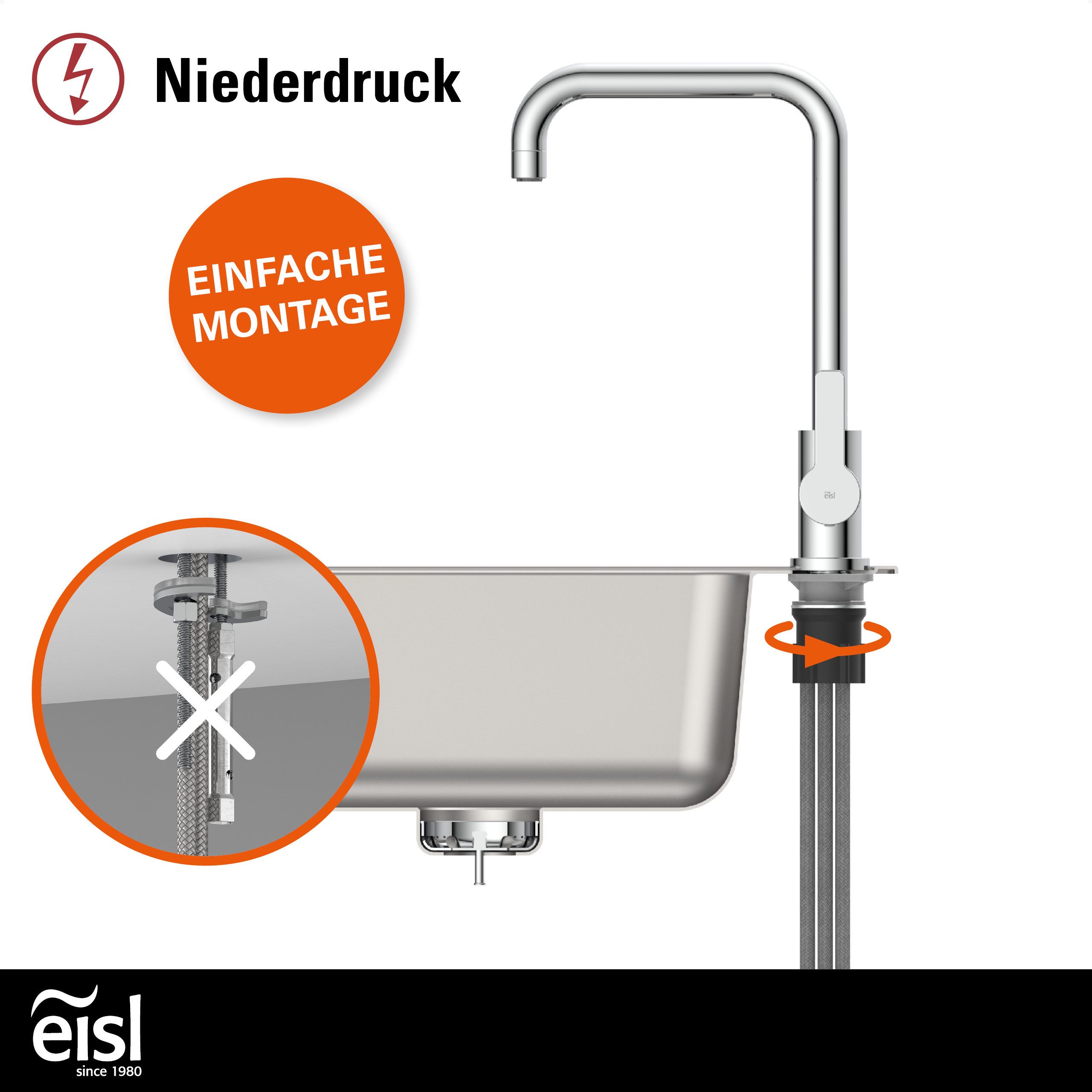 Eisl Spültischarmatur Futura Niederdruckarmatur, Dripless, Cold-Start, 360° schwenkbar