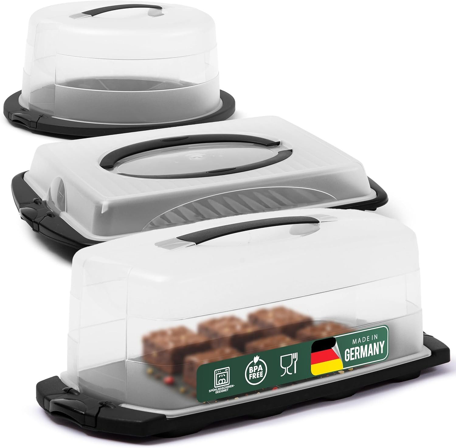 Novaliv Aufbewahrungsbox 31150-31151-31154-1x, Novaliv Kuchen-Transportbox 3er Set Rund, Eckig und Rechteckig Aufbewa