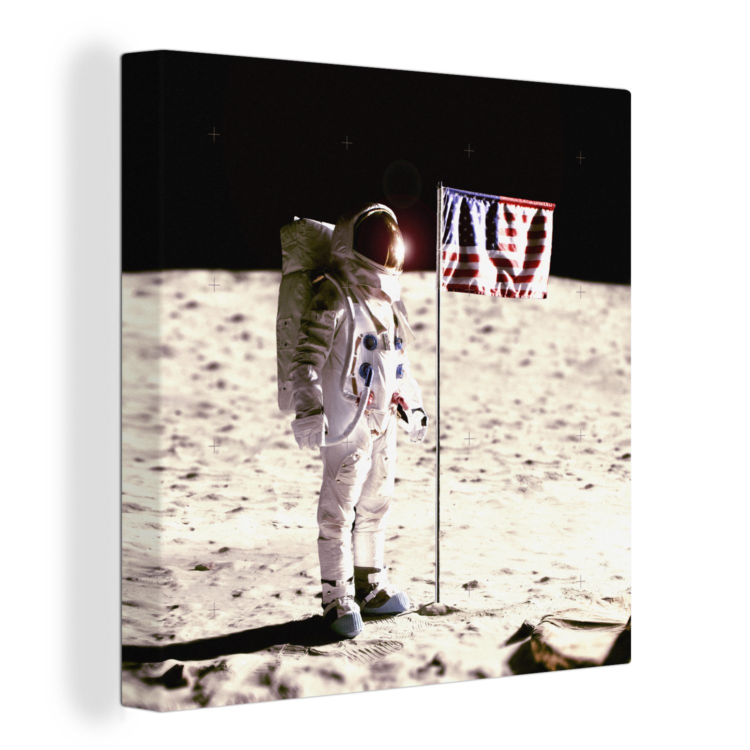 OneMillionCanvasses® Leinwandbild Astronaut - Mond - Flagge - Amerika, (1 St), Leinwand Bilder für Wohnzimmer Schlafzimmer