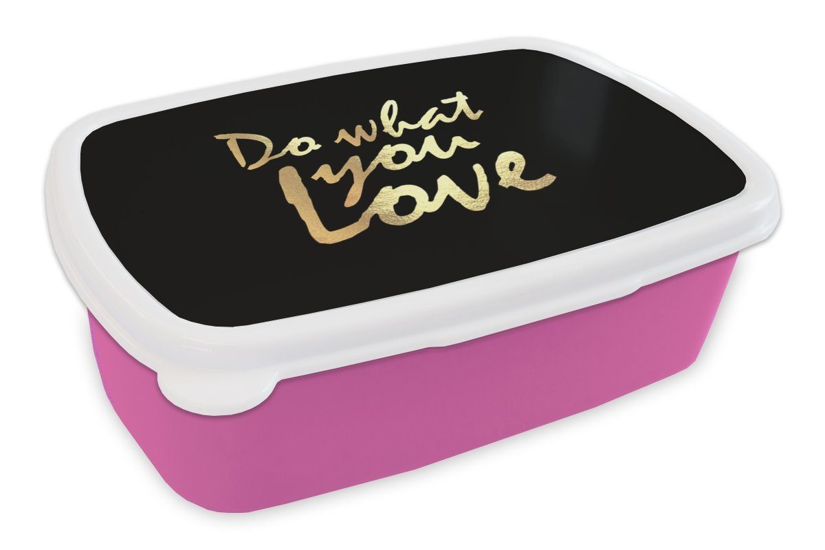 MuchoWow Lunchbox Zitat - Liebe - Schwarz - Gold, Kunststoff, (2-tlg), Brotbox für Erwachsene, Brotdose Kinder, Snackbox, Mädchen, Kunststoff rosa