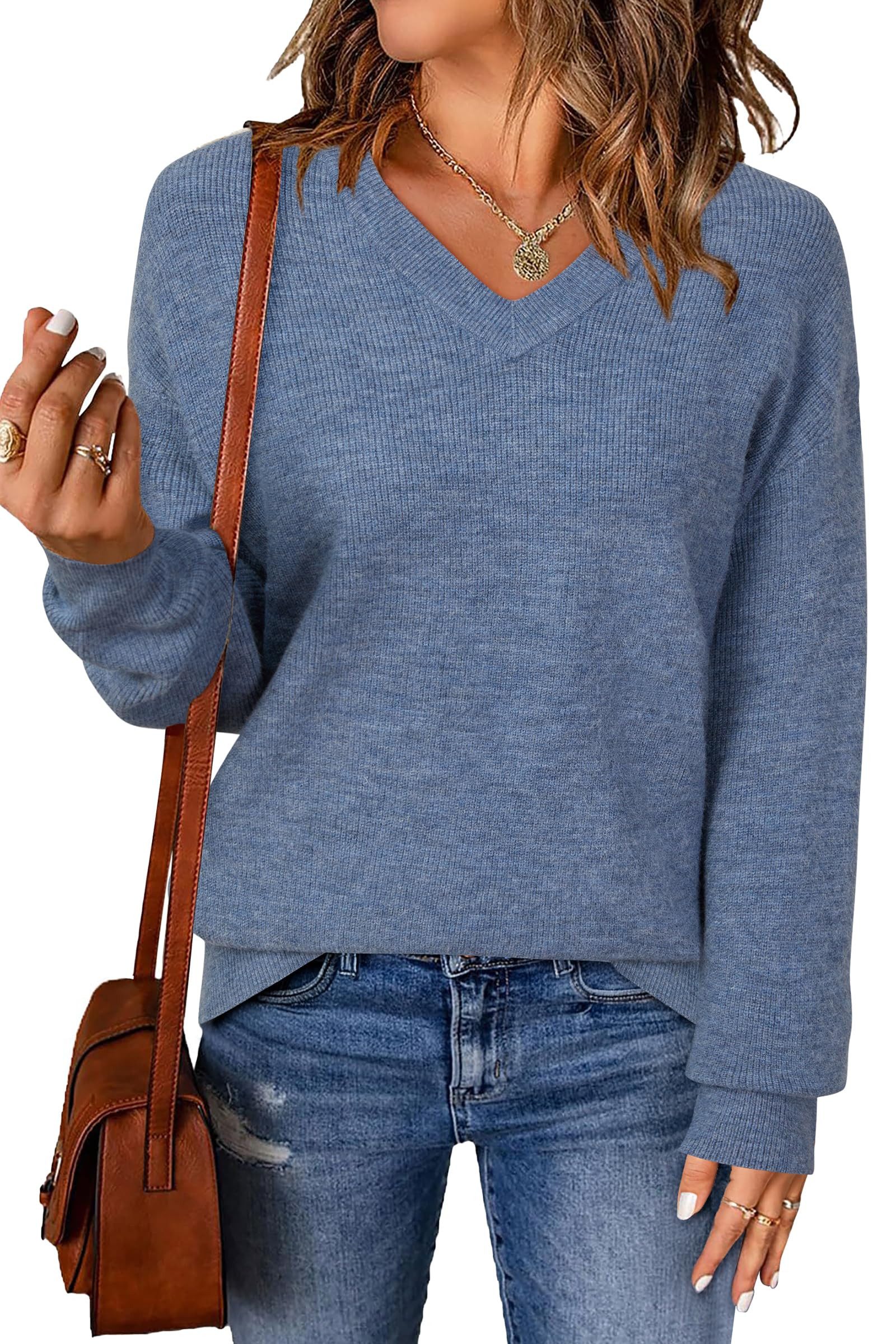 Arach&Cloz V-Ausschnitt-Pullover Damen-Pullover aus Wollmischung, Langärmliger Strickpullover Basic Sweater Leicht Locker Strickpulli Herbst Winter Warm