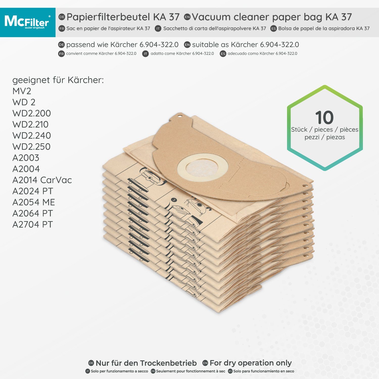 A2014 CarVac, + 2014 Hohe 2-lagig passend für Deckscheibe, (10 11 St., Stück) Formstabile Reißfestigkeit, Kärcher McFilter A Filter, 1 Staubsaugerbeutel