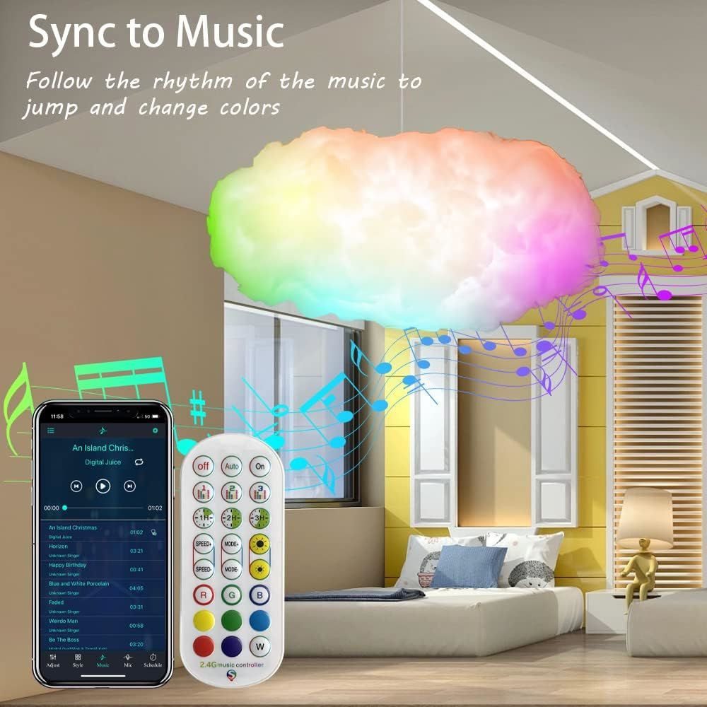 PRIISF Kugelleuchte Pendelleuchte Cloud Kronleuchter Wolke Deckenleuchte Baumwolle Leuchte, Fernbedienung, APP-Steuerung, RGB Hängeleuchte dimmbar Decken Pendel Lampe Atmosphäre, mit Bluetooth Federn Thundercloud Hängelampe, für Schlafzimmer, Esszimmer, Flur, Kinder, Gaming, Party, Club Deko