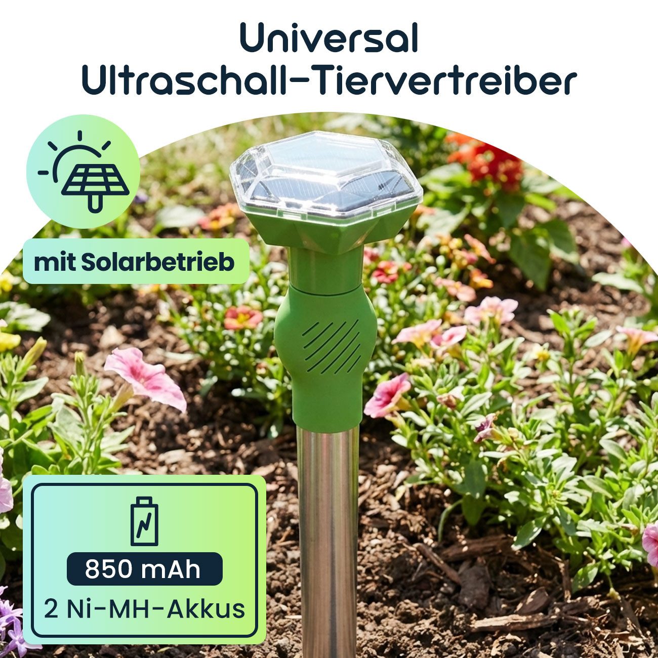 ISOTRONIC Ultraschall-Tierabwehr Solar Ultraschall-Tiervertreiber 40m², Akku-Tierschreck mit Erdspieß, 1-tlg., 1er/2er-Set, Mobiles Ultraschall-Abwehrgerät mit Solarzelle, 2 Akkus & Erdspieß