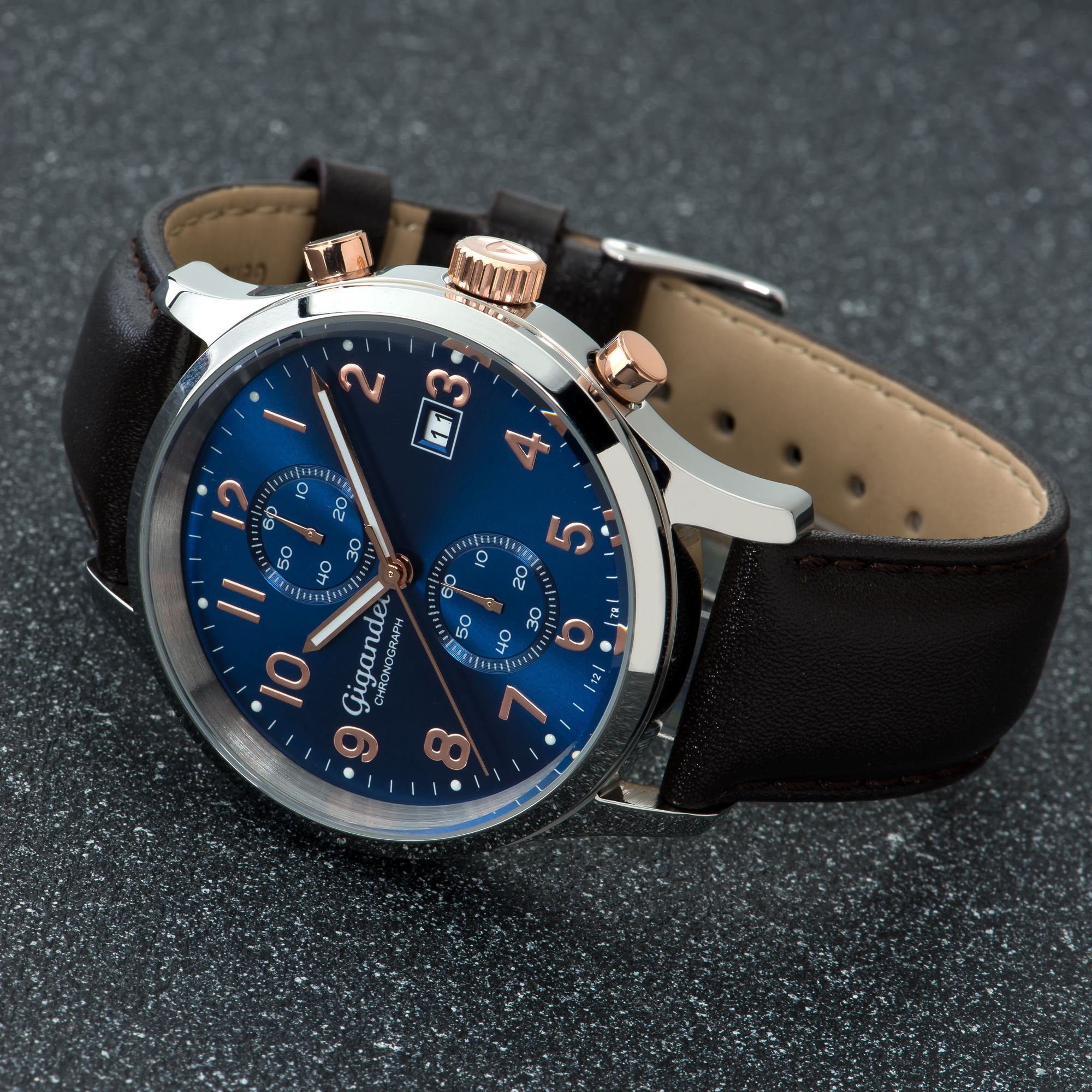 Gigandet Chronograph Armbanduhr, Herrenuhr, Sportuhr, 44mm, SKYSCRAPER G49-001, Mineralglas, Datumsanzeige, Lederband, 5bar/50m wasserdicht