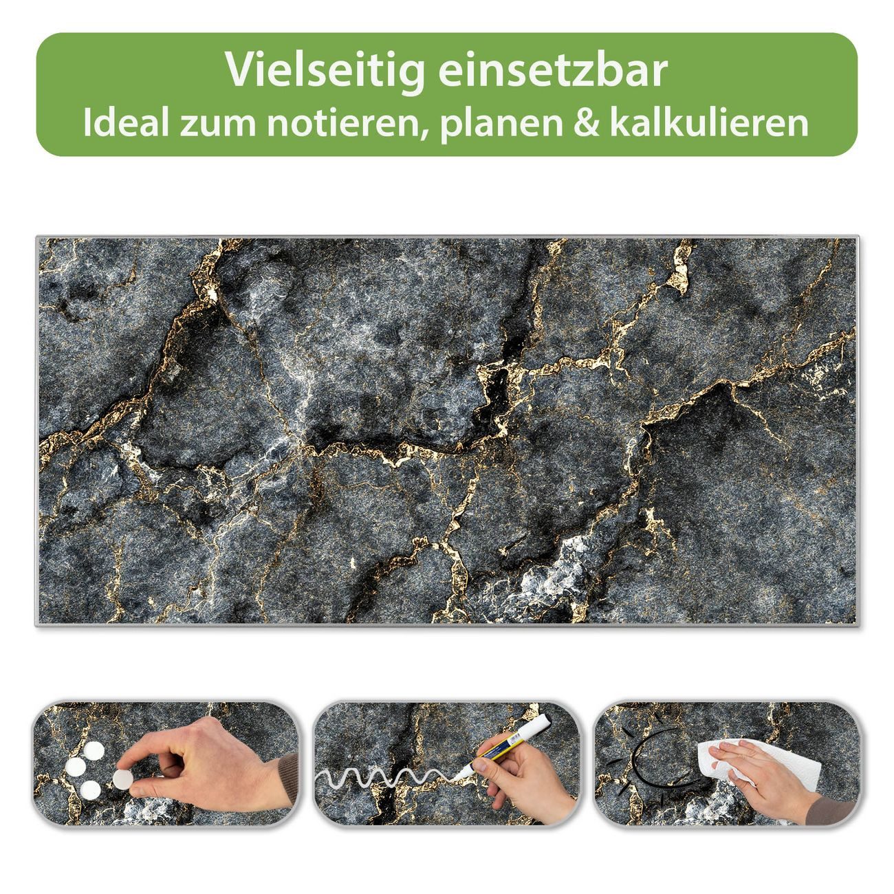 banjado Magnettafel Grau aus Stahl Querformat mit Motiv grauer Marmor mit Gold 2, (inkl. 4 Magnete, Stahlmagnettafel)