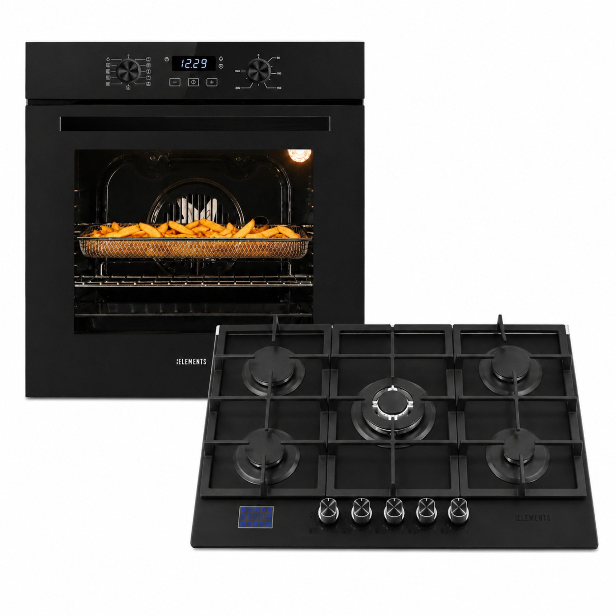KB Elements Backofen-Set Einbaubackofen 60 cm mit Gaskochfeld 5 Flammig, Air Fry, Steam Clean, Gaskochfeld mit Gas-Stop-Timer