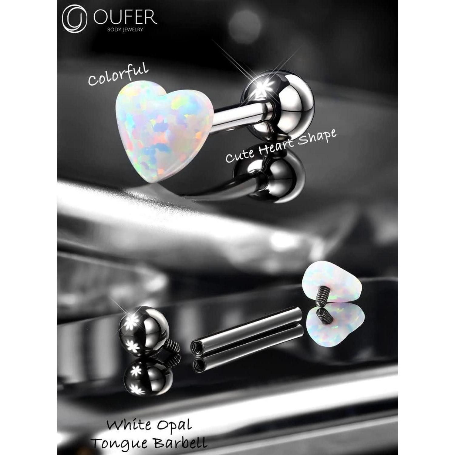 OUFER Intimpiercing Zungenpiercing Titan Herz Opal Tongue Bar 16mm 14G 1.6mm