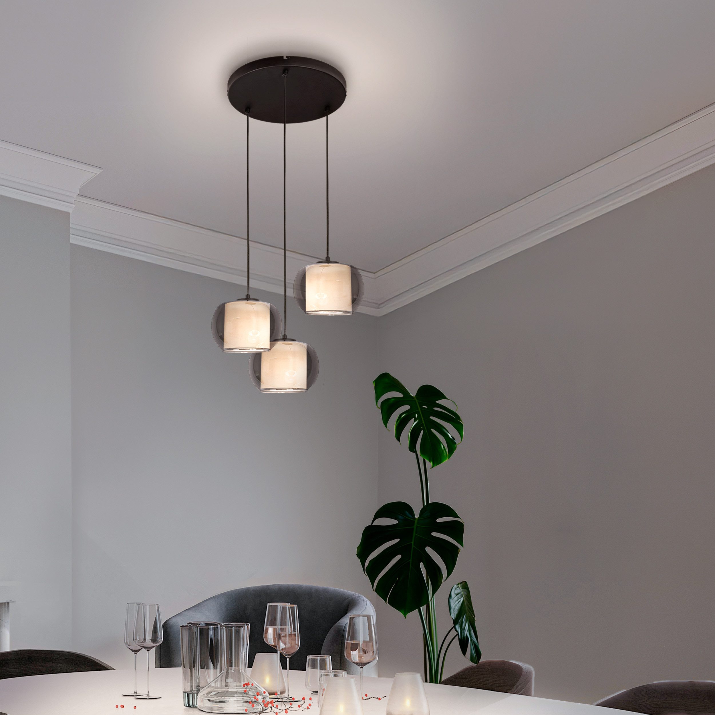 OTTO home Pendelleuchte Tanissa mit Doppelschirm, ohne Leuchtmittel, Pendellampe, 3er Rondell, Rauchglas, Stoffschirm, E27, Glasschirm