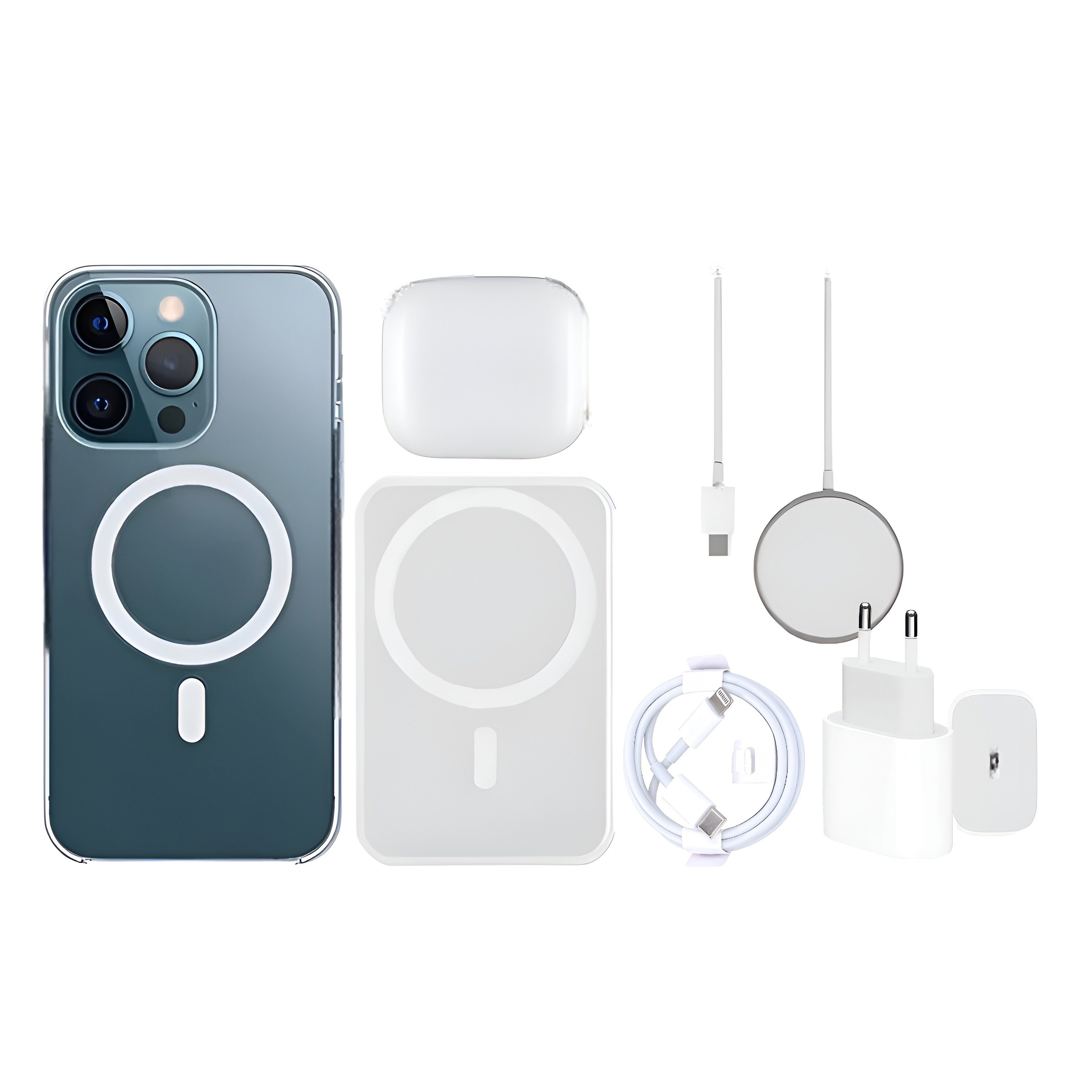 CULTZEN 6in1 Geschenk Box MagSafe Handyhülle Kopfhörer Apple iPhone 14 Plus  Smartphone-Ladegerät (Set, 6-tlg., Ladegerät Magnetische Powerbank USB C  Kabel 20Watt Netzteil)