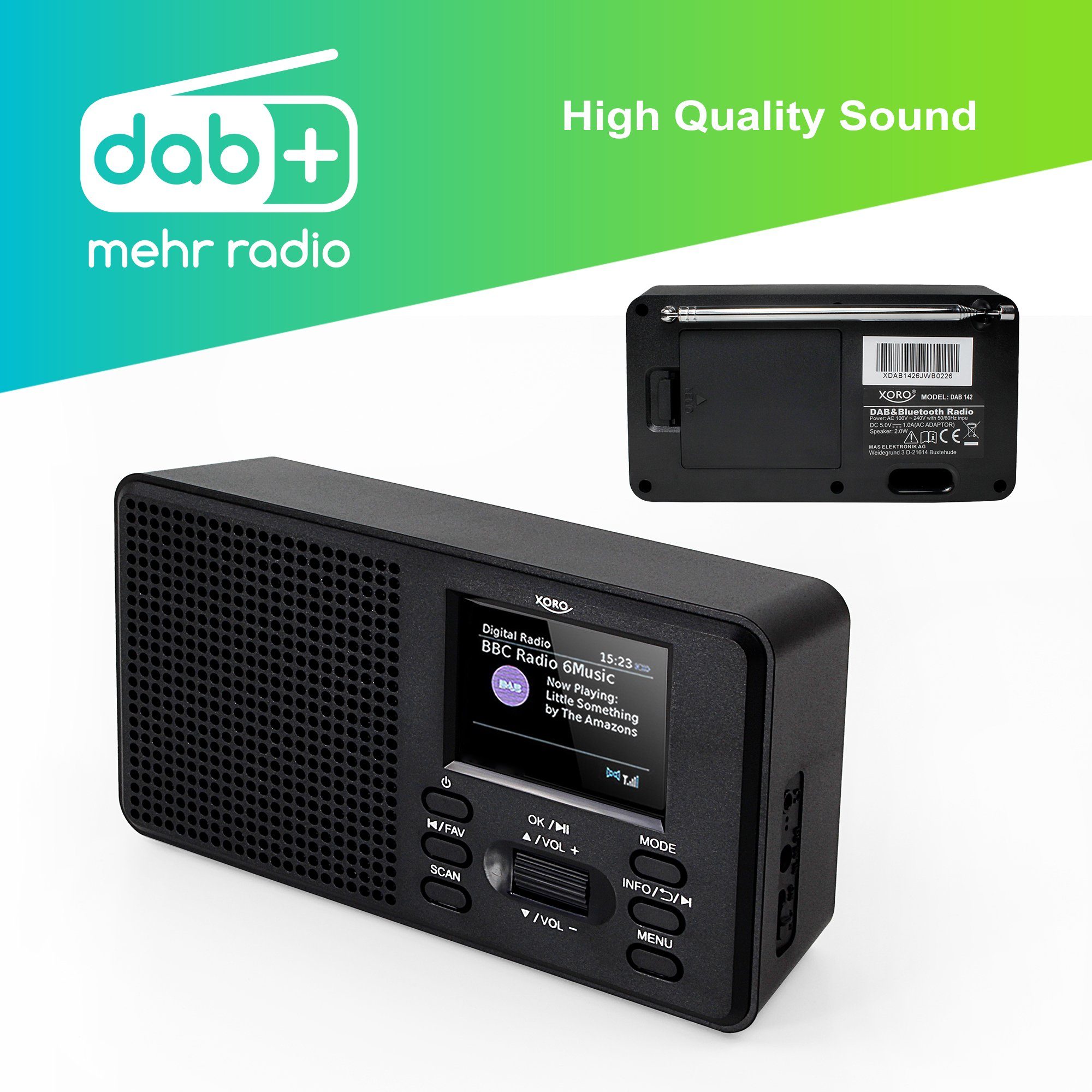 Digitalradio DAB (DAB) Bluetooth DAB+/UKW XORO Speaker 142 Radioempfang Xoro Farbdisplay 2.4"