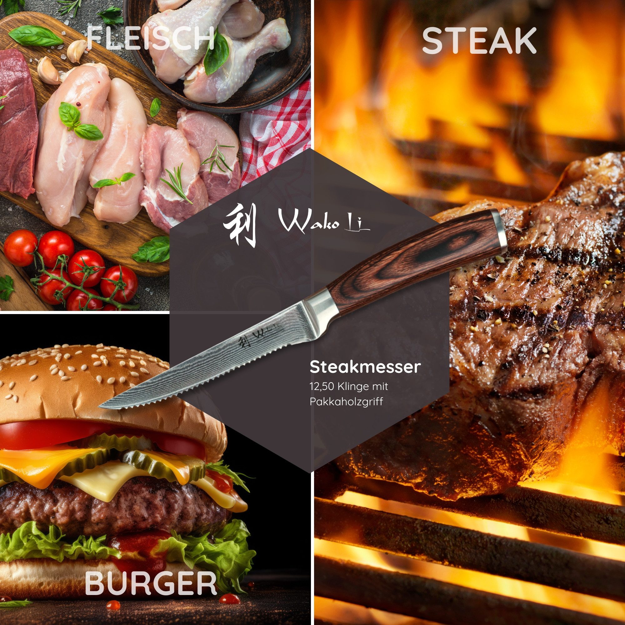 Wakoli Steakmesser EDIB 4er Set Damast Steakmesser 12,5 cm Klingen Geschenk-Holzbox
