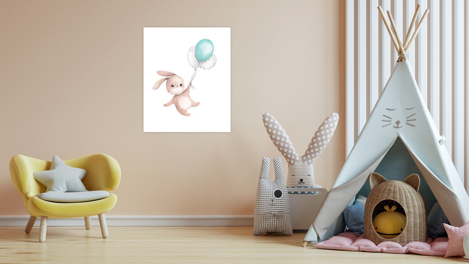 Lüttenhütt Bild mit Rahmen oder Poster, Fliegender Hase mit Luftballons, Fantasy, Hase, Hasen, Luftballon, Tiere (1 St), HD Premium Druck