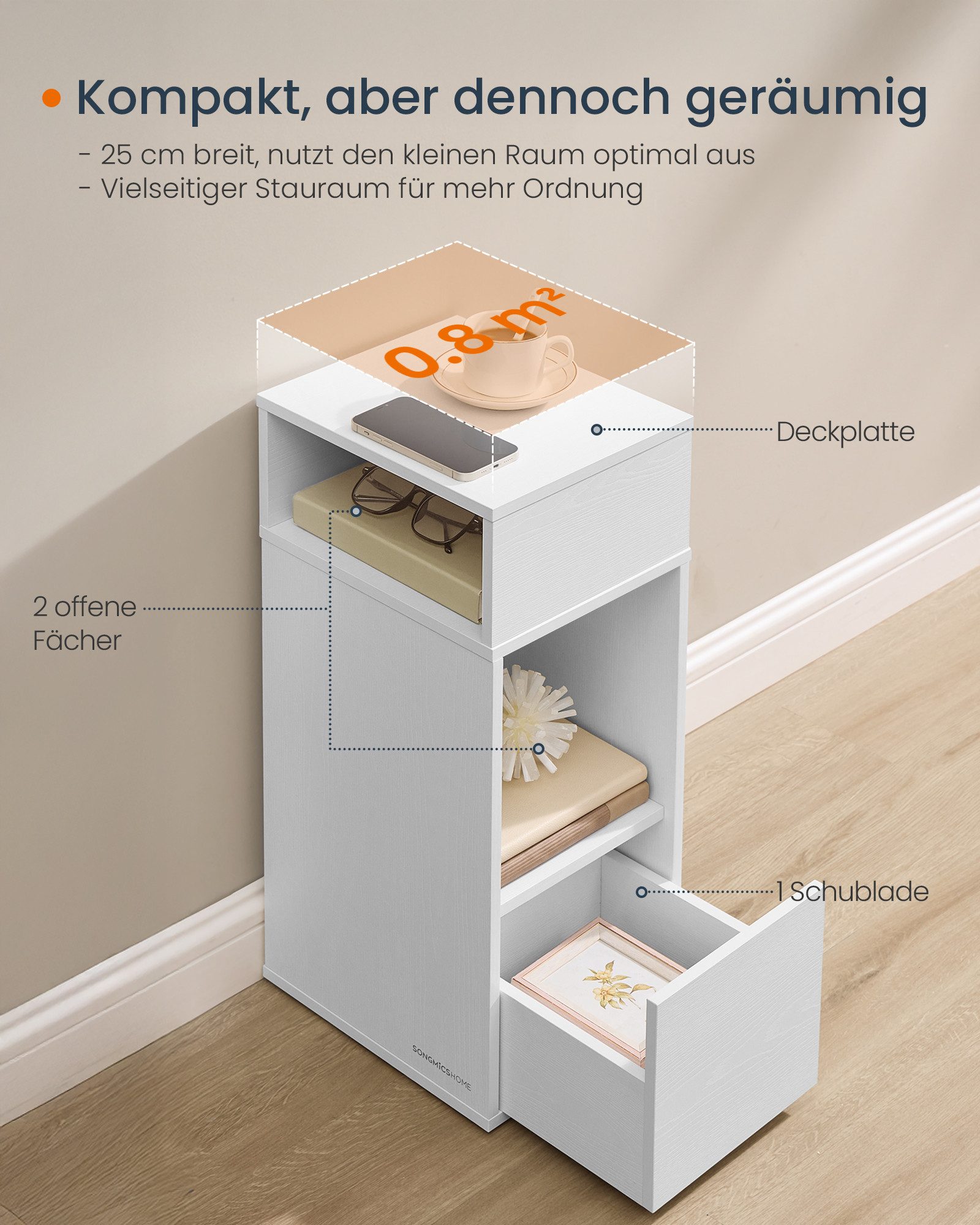 VASAGLE Nachttisch Beistelltisch mit 2 offenen Fächern und 1 Schublade (1-St), 1er Set/2er Set, mit Toolless-Technologie, 30 x 25 x 59,4 cm – Bild 3 von 5