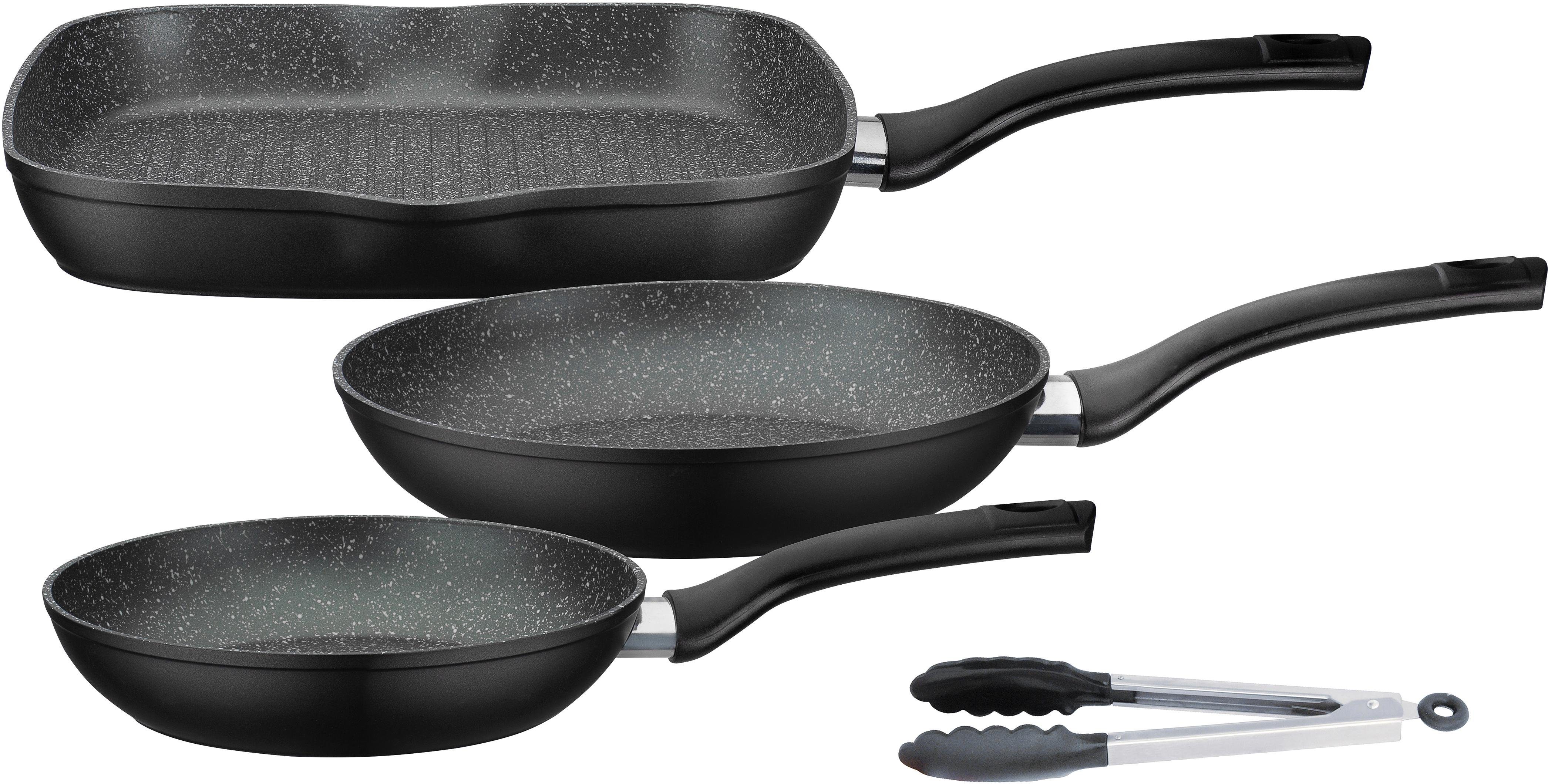 GSW Pfannen-Set Gourmet Granit, Aluminium (Set, 4-tlg., 1x Bratpfanne Ø 20 cm, 1x Bratpfanne Ø 24 cm, 1x Grillpfanne Ø 28 cm), Induktion