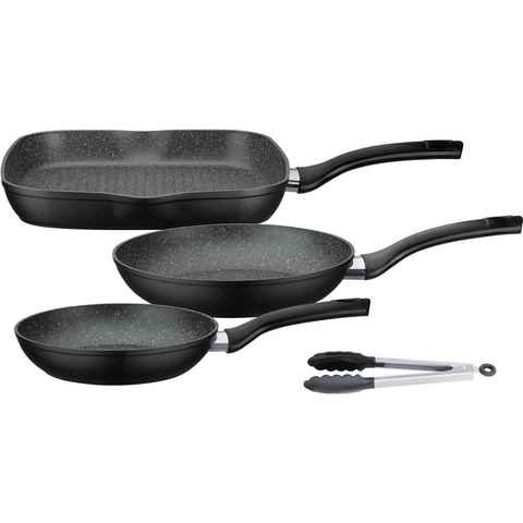 GSW Pfannen-Set Gourmet Granit, Aluminium (Set, 4-tlg., 1x Bratpfanne Ø 20 cm, 1x Bratpfanne Ø 24 cm, 1x Grillpfanne Ø 28 cm), Induktion