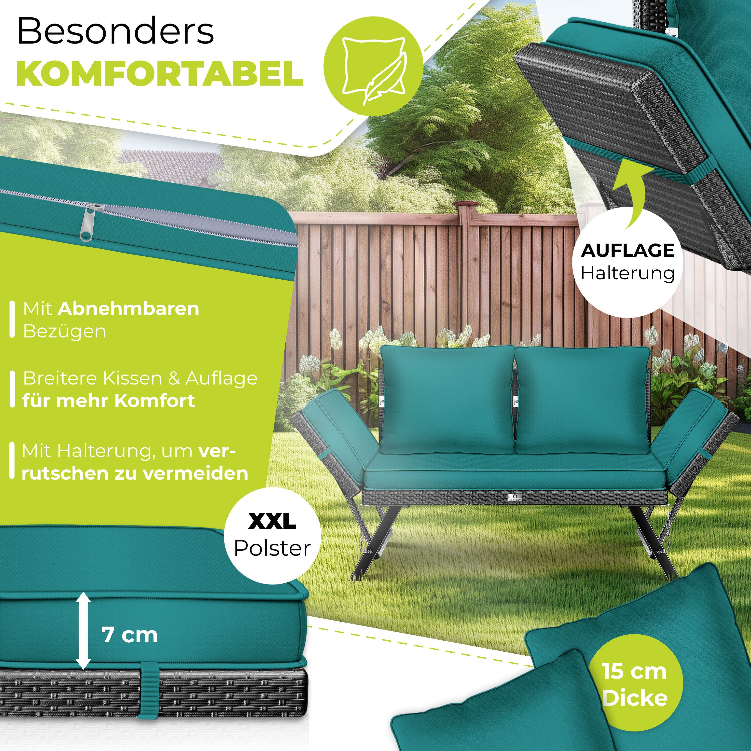 KESSER Gartenbank Polyrattan Gartensofa 4-in-1 mit Liegefunktion & Verstell-Funktion (Gartencouch mit Sitzkissen & Rückenkissen Extra Dicke & Weiche Polster), Balkon-Sofa Wetterfest für Garten, Balkon & Terrasse