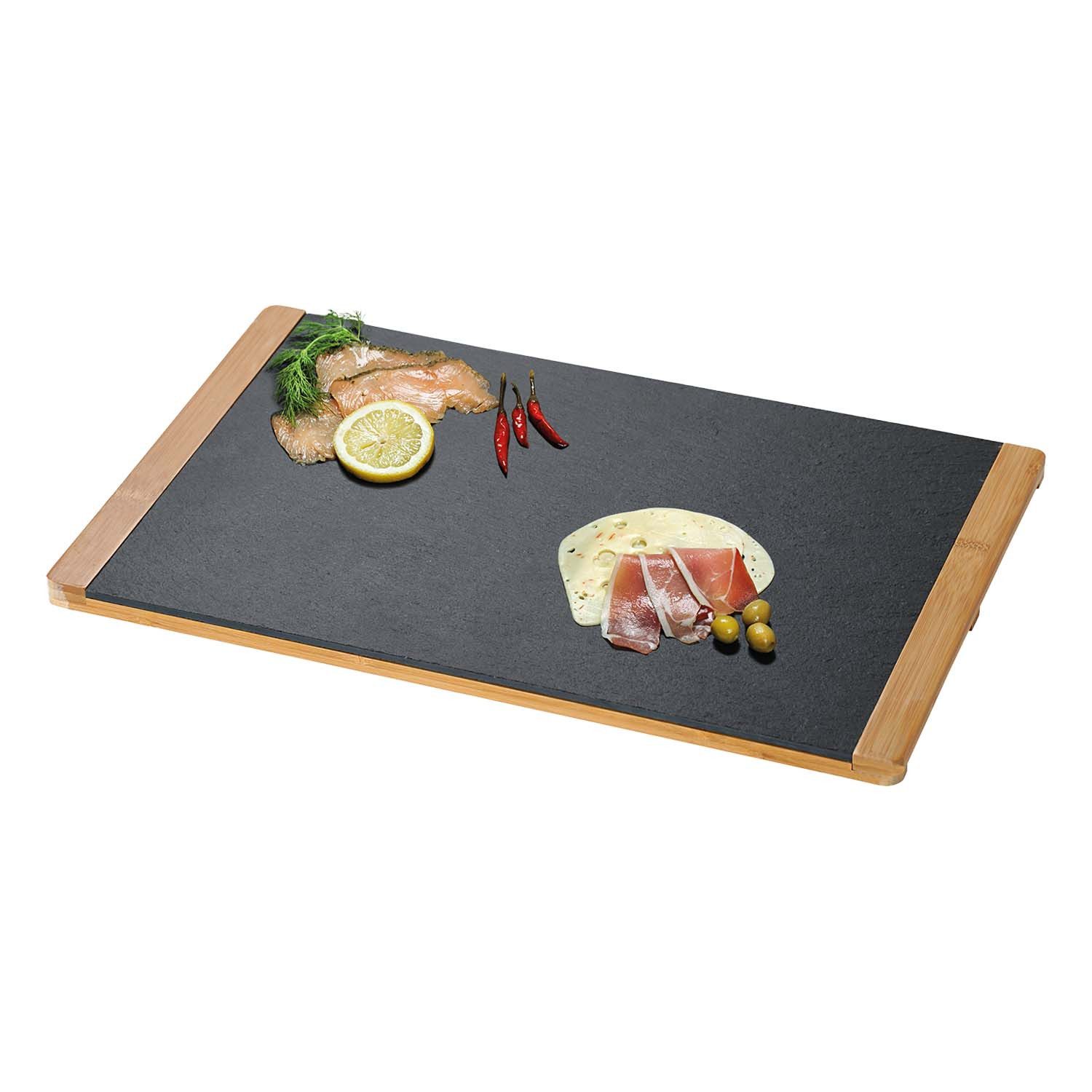 Kesper Servierbrett 4 Buffetplatten, Schiefer mit Bambusrahmen - 45 x 30cm, Schiefer, (4-St), Schieferplatte herausnehmbar