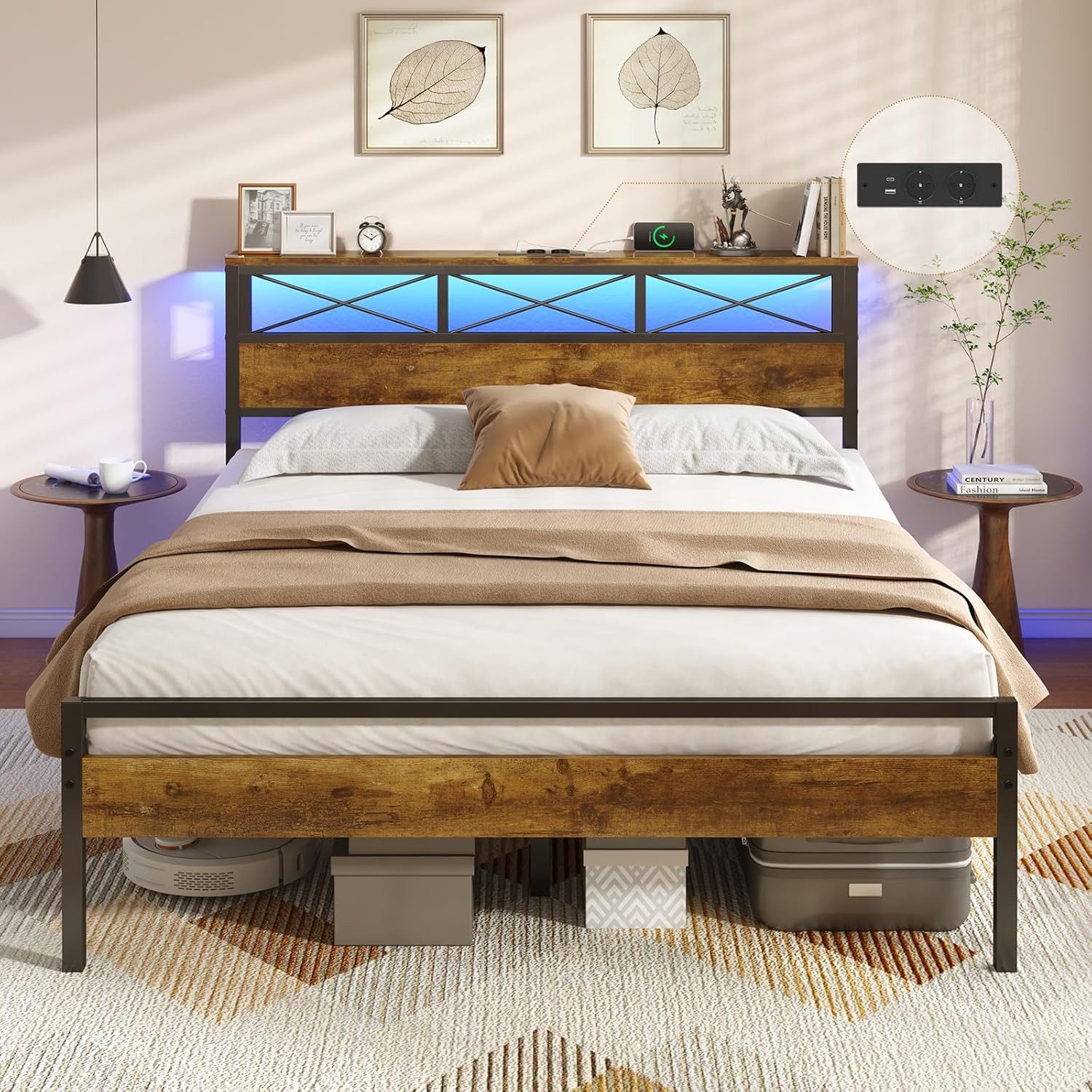 MSMASK Metallbett Bettgestell mit LED Beleuchtung und Steckdose USB-Anschlüsse (Ohne Matratze), Jugendbett, Doppelbett 140 x 190 cm