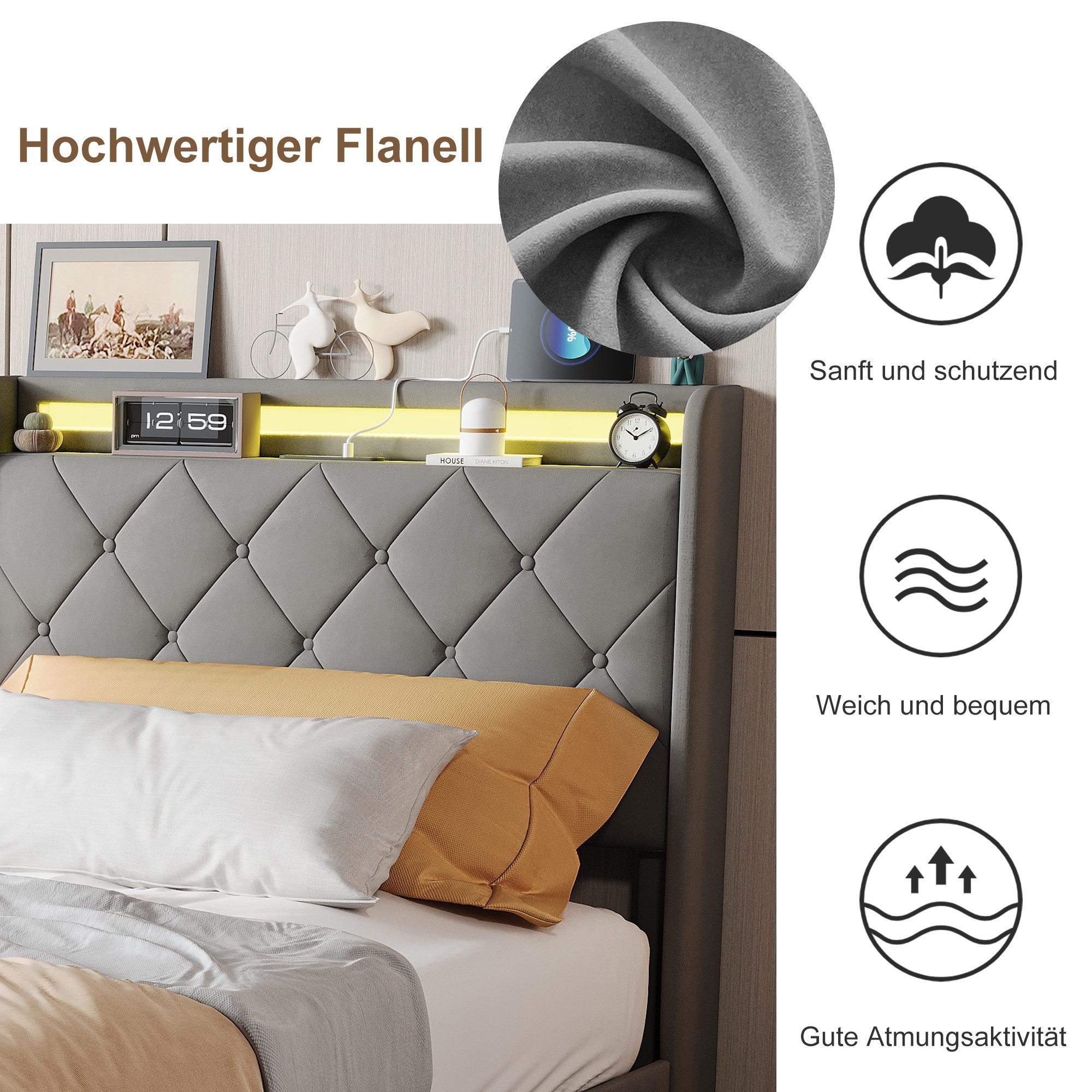 zebery Polsterbett Stauraumbett LED-Beleuchtung und Ladefunktion (mit Lattenrost), Einzelbett Kinderbett 90x200,2 Schubladen,Jugendbett USB&Type-C,Grau – Bild 5 von 5