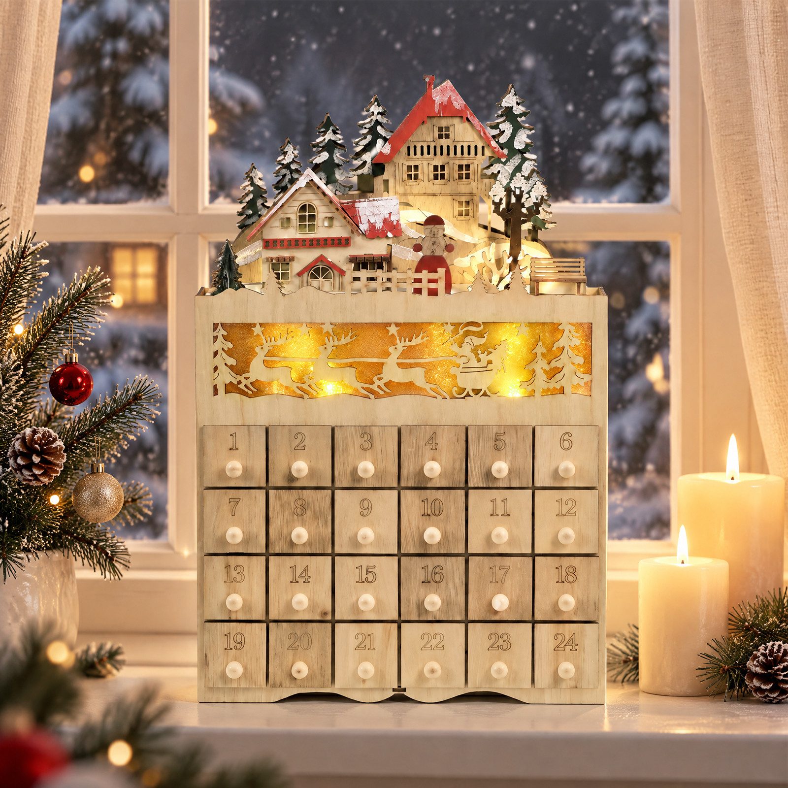Salcar Weihnachtsdorf Adventskalender LED-Lichtern, Adventskalenderbox, 24 Zugkästen, 2-in-1-Design, 3D-Weihnachtsdorf, 24 Fächer zum …