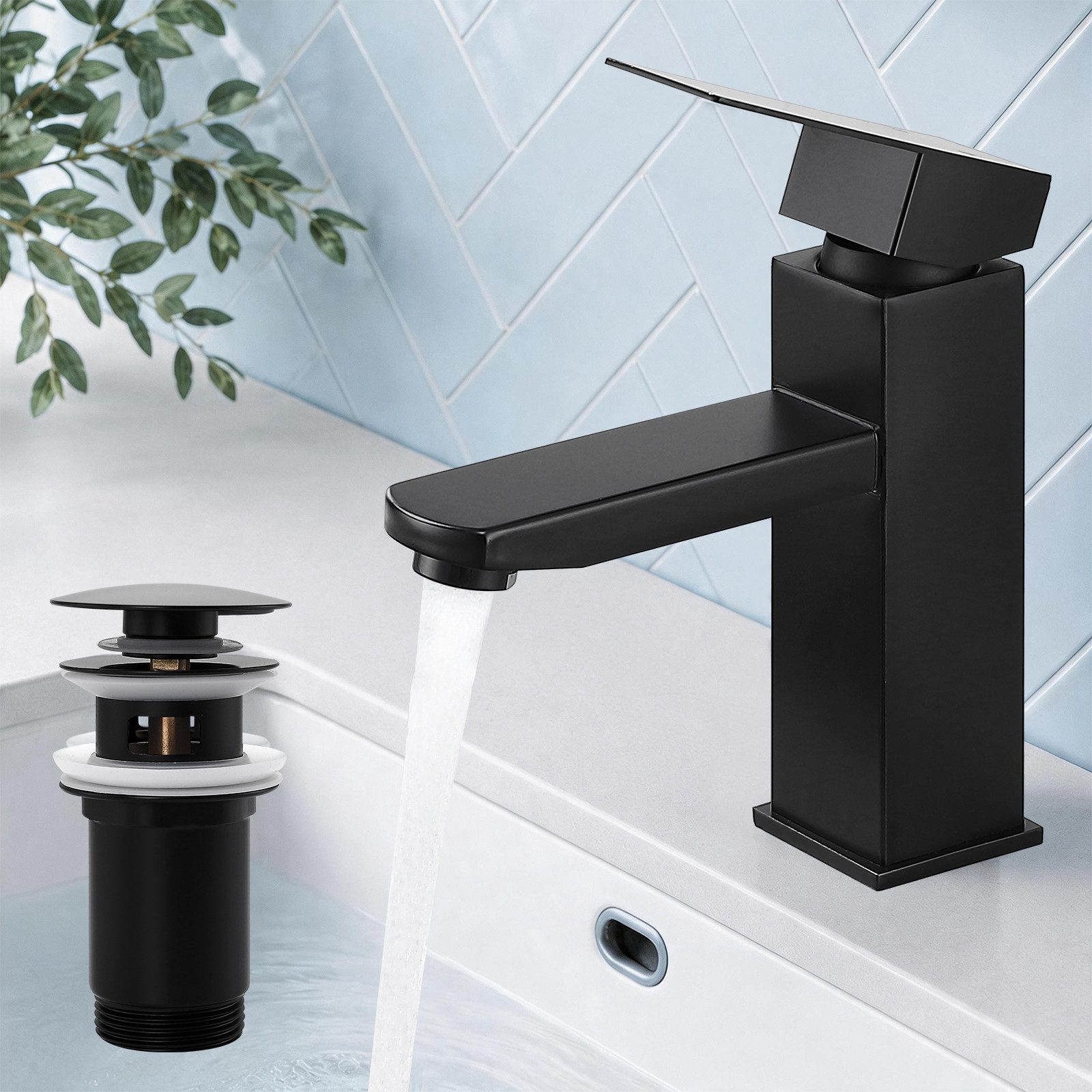HOMELODY Wannenarmatur Wasserhahn Bad Schwarz Edelstahl mit Pop-Up Ablauf Edelstahl Badarmatur mit Ablaufgarnitur 1 1/4 Zoll Waschbecken Armatur