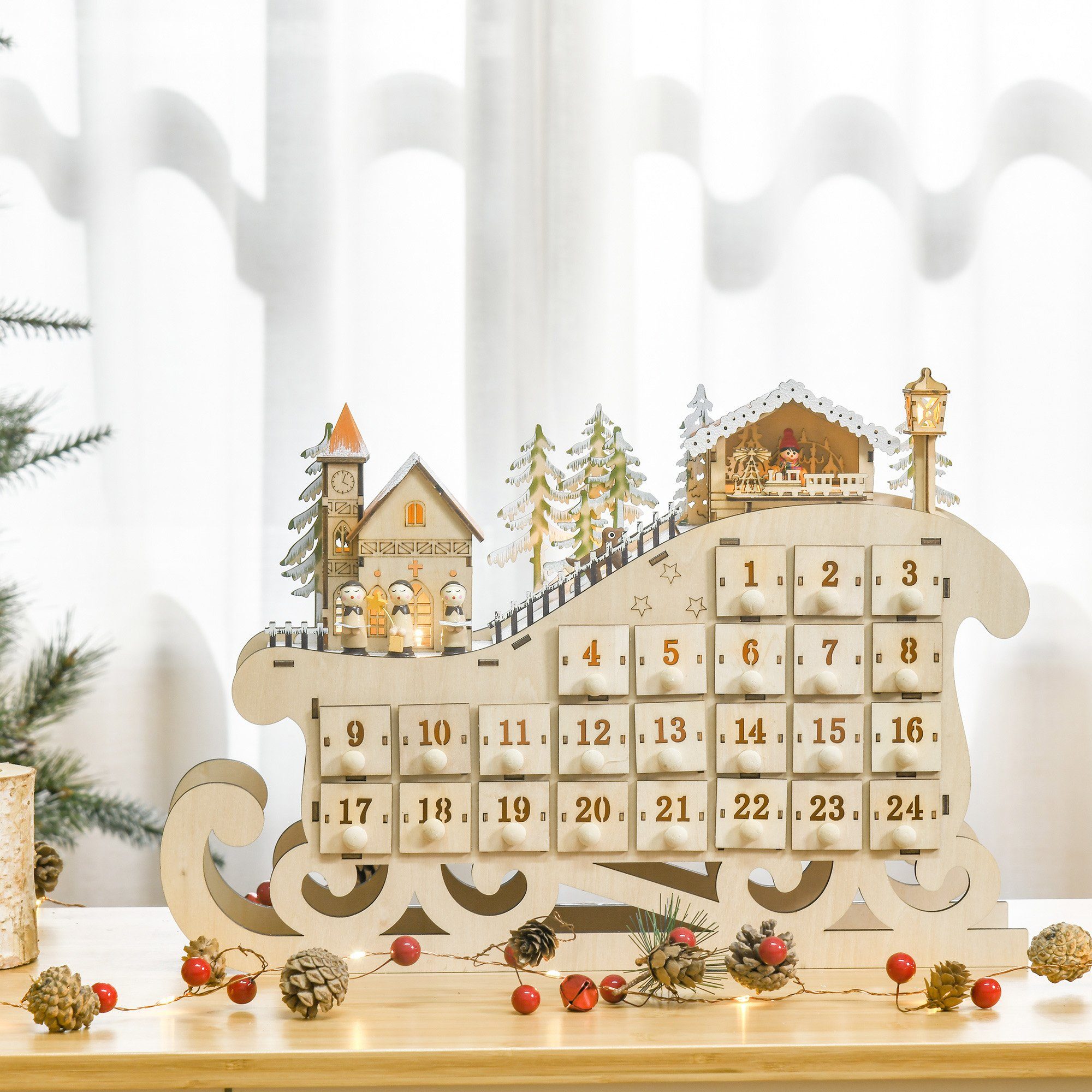 HOMCOM Weihnachtsdorf Adventskalender zum Befüllen 24 Schubladen Fächer DIY, DIY Sperrholz-Platte Naturholz 45 x 10 x 31 cm