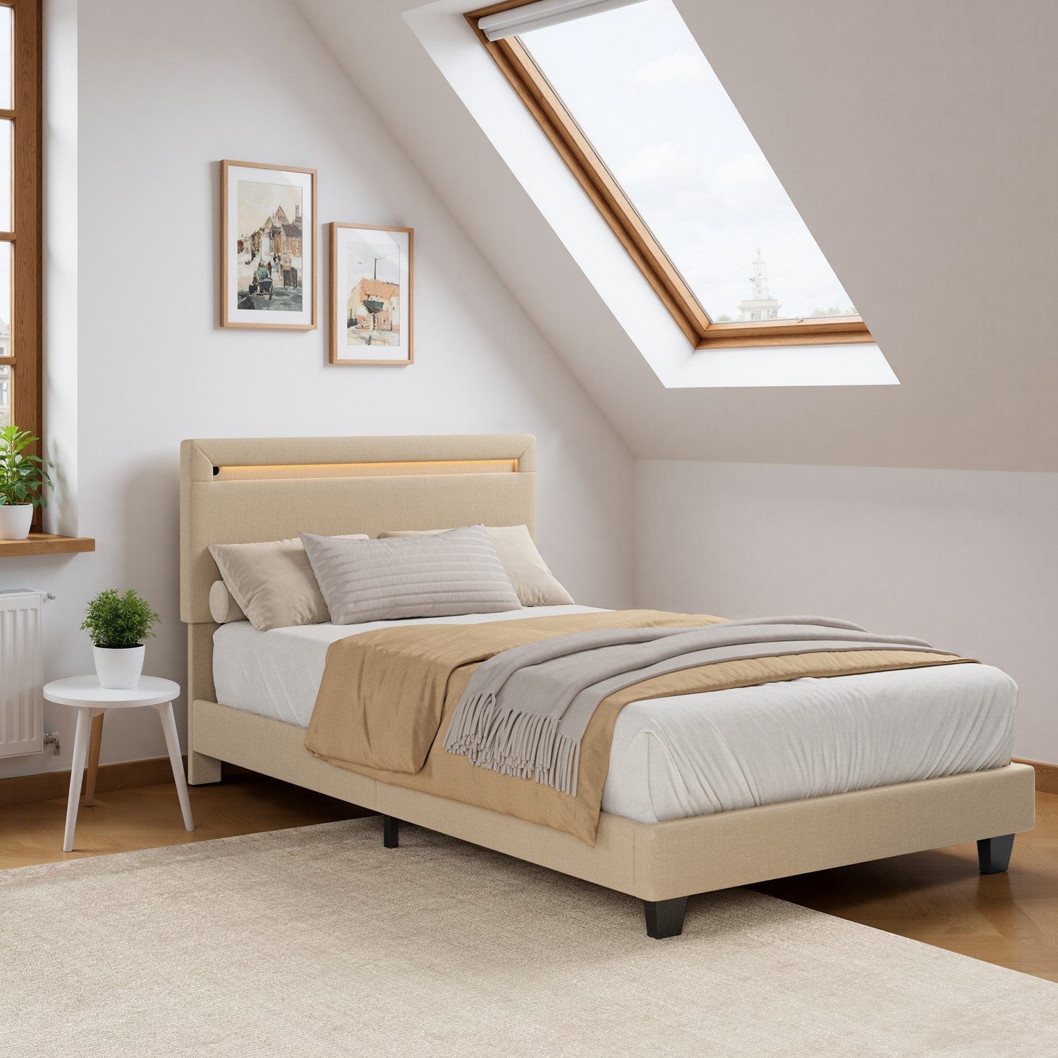 Bealife Polsterbett lsterbett Einzelbett,Bettgestell mit Kopfteil, Lichtleiste (2 Modelle (90x200, 120x200)