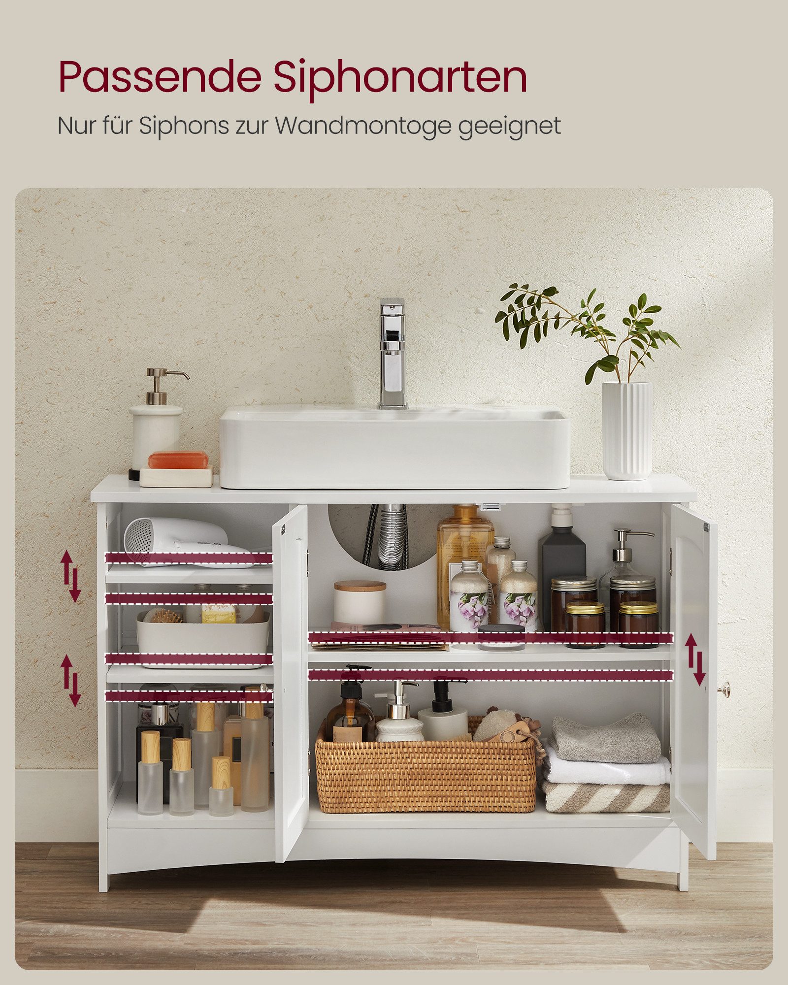 VASAGLE Waschbeckenunterschrank Badezimmerschrank extra lang, Breite 90cm, offene Fächer, höhenverstellbare Ablagen