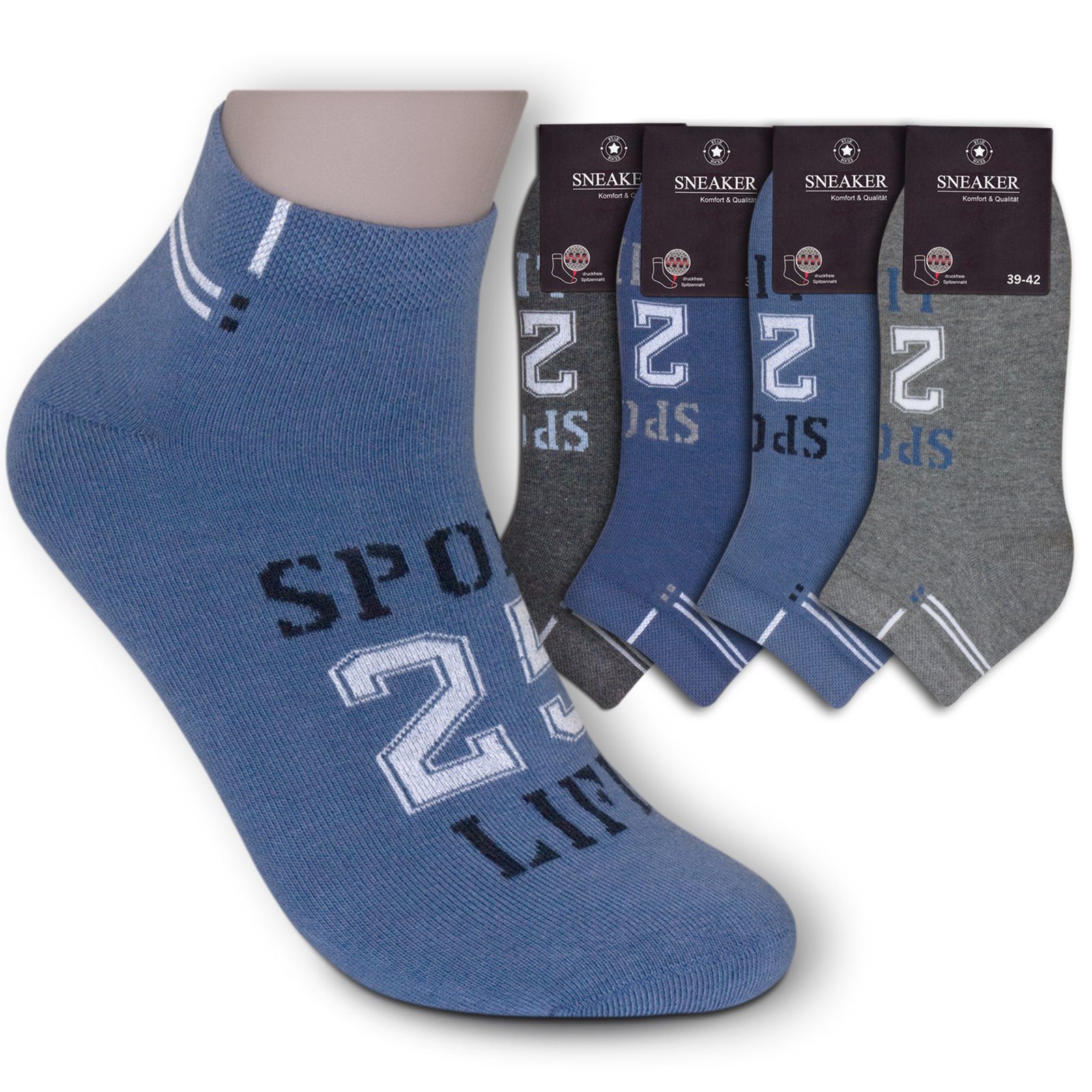 Die Sockenbude Sneakersocken SPORT (Bund, 4-Paar, blau grau) mit Soft Piqué-Bund