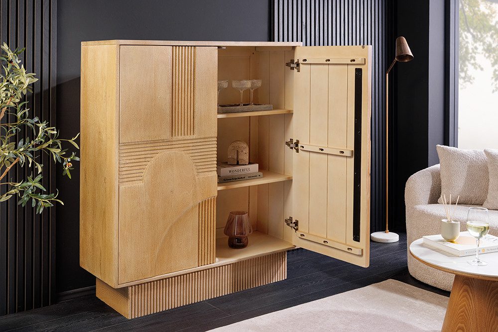 riess-ambiente Highboard ART DECO 120cm weiß gekälkt - Mangoholz, massiv, 3D-Front, handarbeit (Set, 1 St), Moderner Schrank mit Push-to-Open - ideal für Wohn- & Schlafzimmer