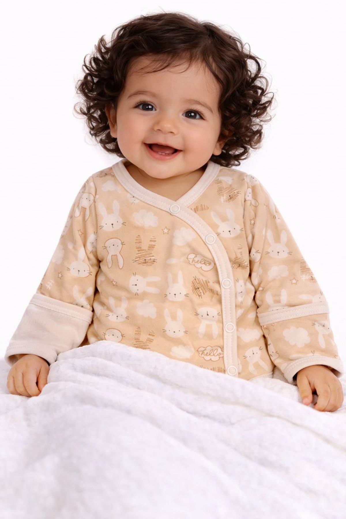 La Bortini Body Wickelbody mit Kratzschutz Baby Langarmbody in Beige mit Häschen aus reiner Baumwolle, 44 50 56 62 68 74 80 86 92 98 104