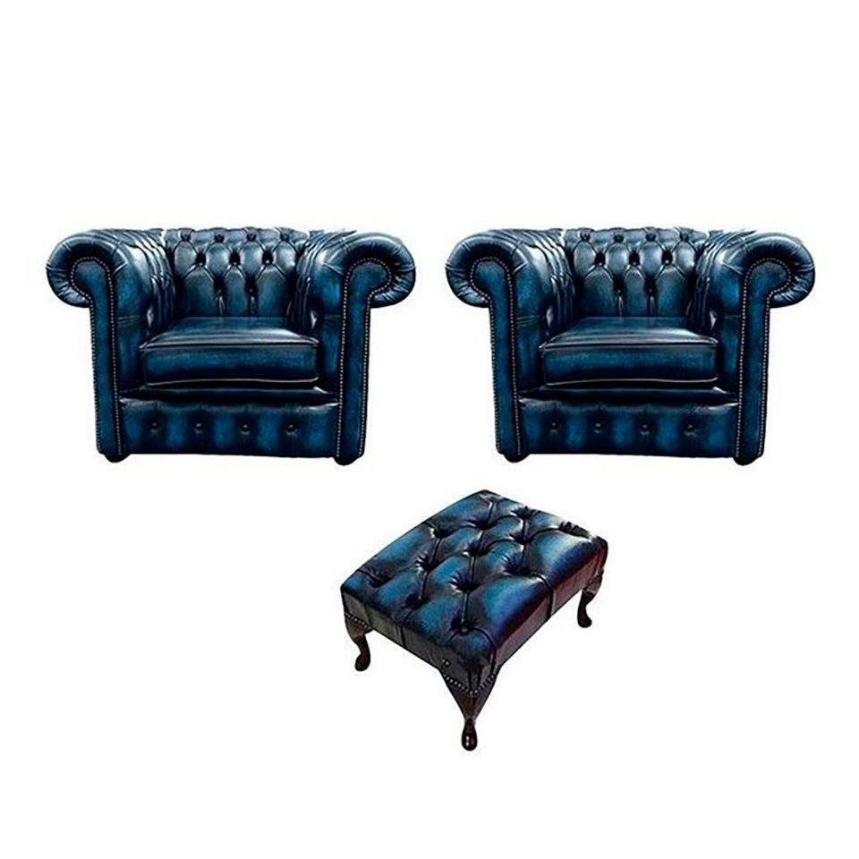 JVmoebel Chesterfield-Sessel, Chesterfield Sessel 2x 1 Sitzer + Hocker Garnitur Design