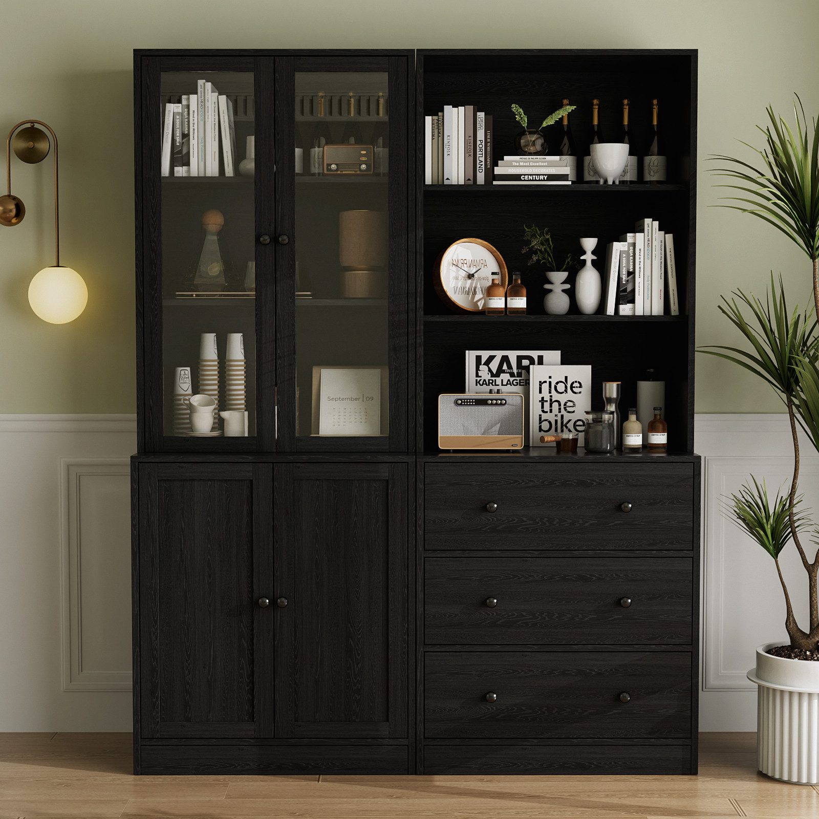 VOWNER Bücherregal 5-stöckiges Bücherregal mit Glastüren, 180 cm Vitrinenschrank, 2-tlg., multifunktionaler Küchenschrank Hochschrank & Buffetschrank