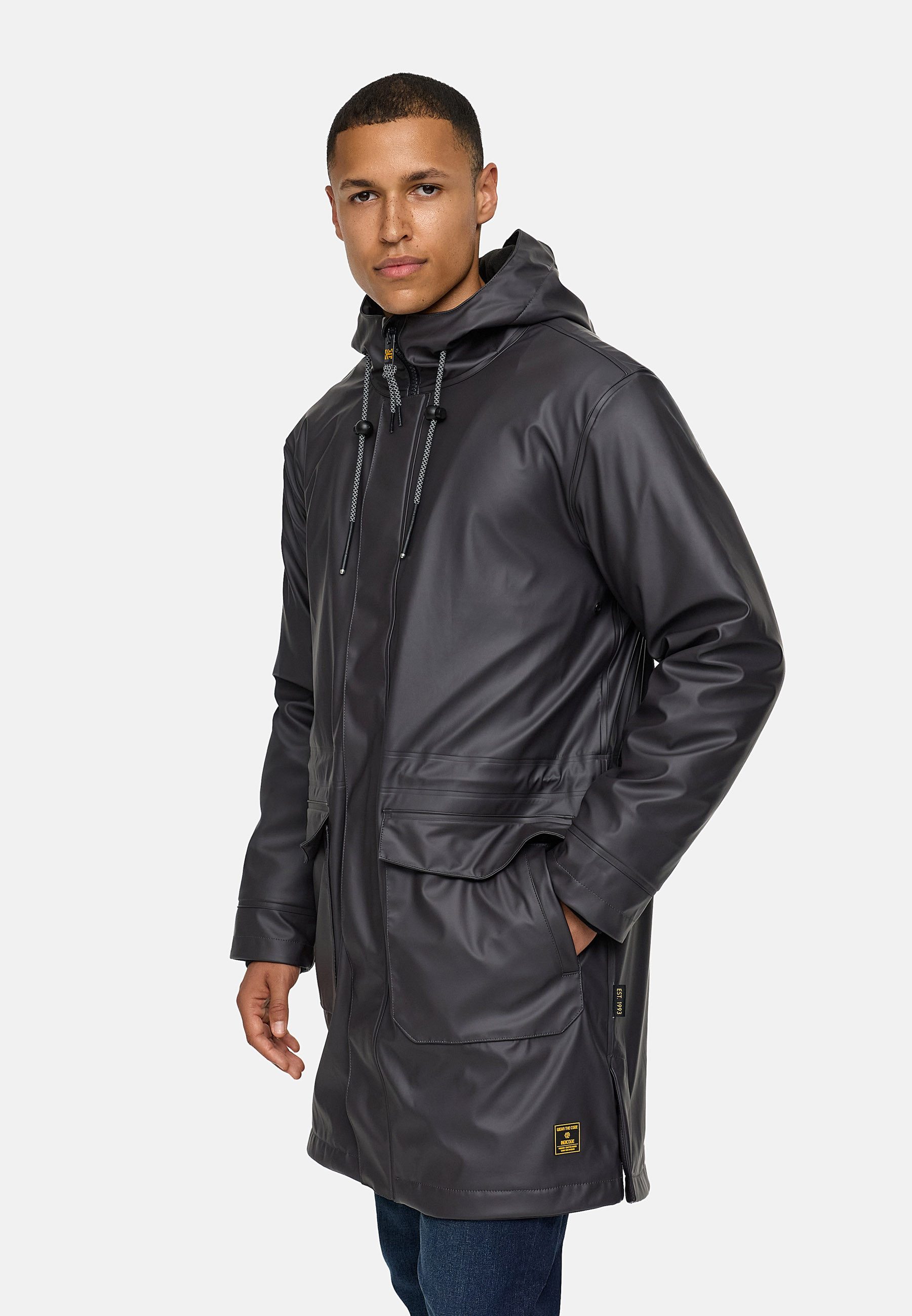 Indicode Regenmantel Herren INTommy Nässeschutz Herrenjacke mit Kapuze und vielen funktionalen Taschen