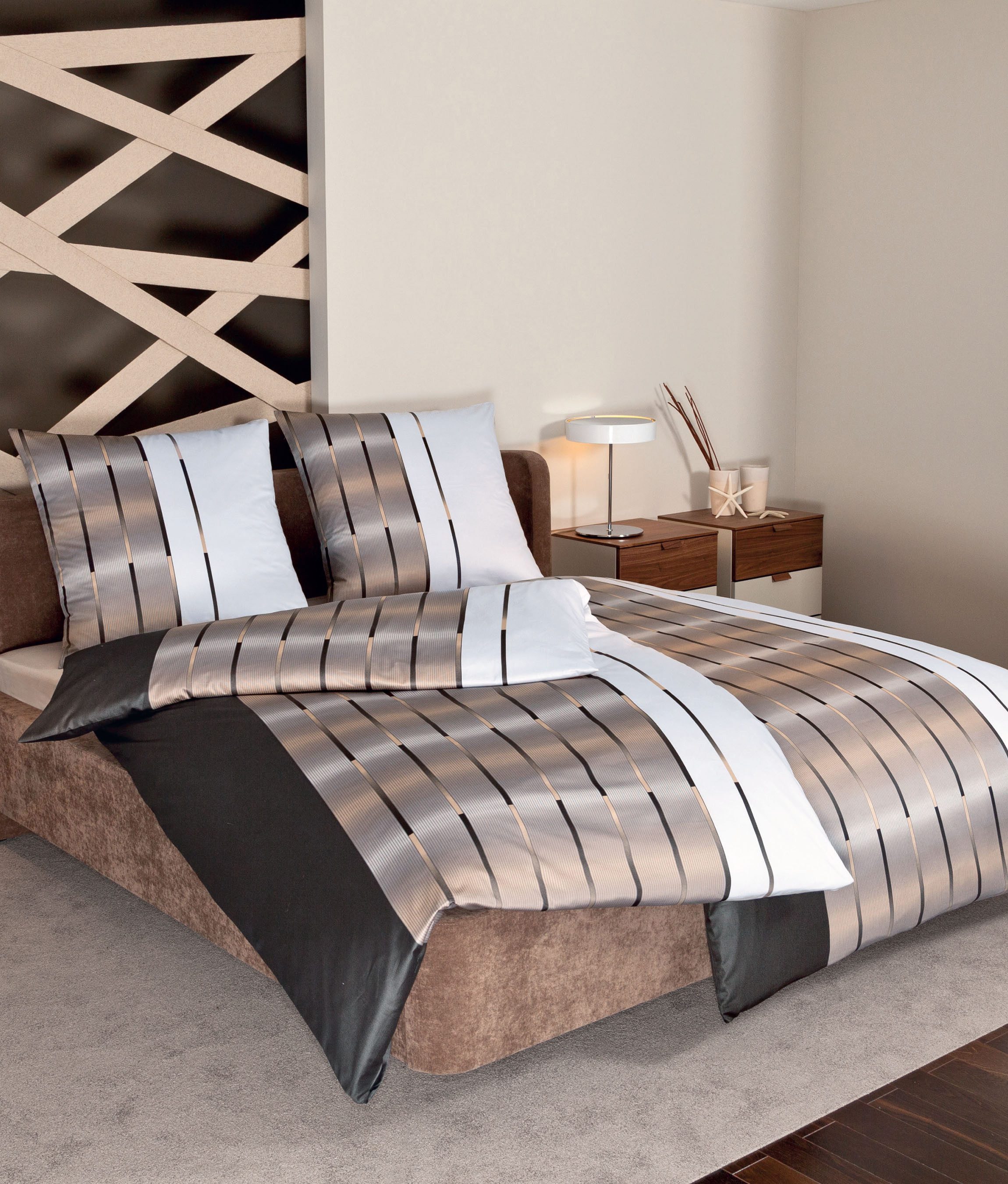 Traumschloss Bettwäsche Satin, Satin, 2 teilig, modern gestreift, braun, weiß