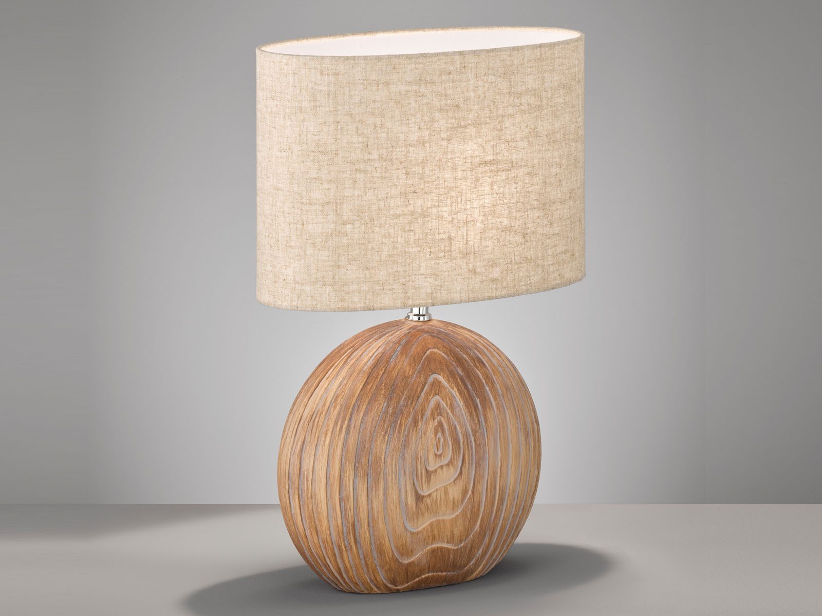 FISCHER & HONSEL LED Nachttischlampe, LED wechselbar, Warmweiß, Lampen-Fuß Keramik Holz-Optik, Lampenschirm Leinen oval, 53cm groß
