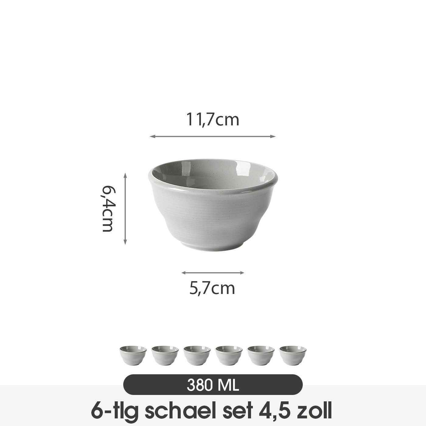 JIWOO Schüssel 6er Ø11,7cm, Müslischale Eisschale FrühstückSchale Dessertschale, Keramik, (Schaleset, 6-tlg), Bowl, Hochwertiges Schalen Grau Schale Mikrowellenofen Spülmaschine