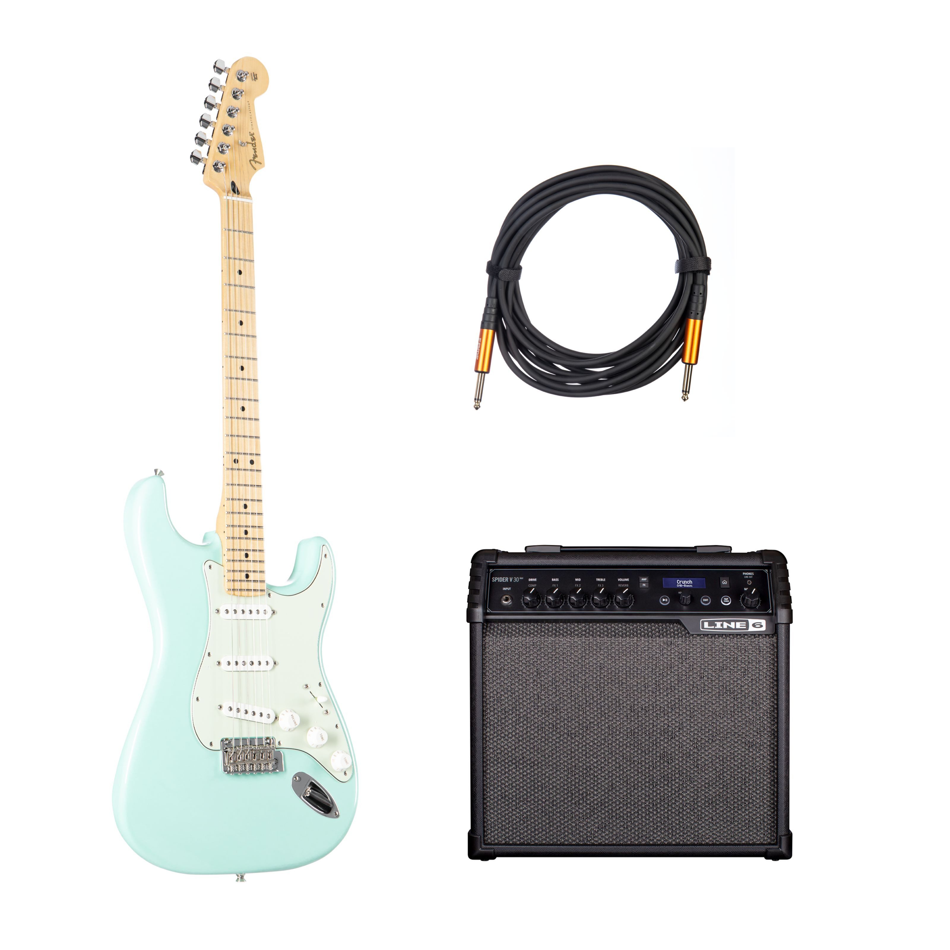 Fender E-Gitarre, Player Stratocaster E-Gitarren Set Surf Green Ahorn Hals Alnico 5 Tonabnehmer 2-Punkt Tremolo inklusive Gitarrenkabel Hochglanz Finish, E-Gitarren, E-Gitarren-Sets, Player Strat MN SFG 06 - E-Gitarren Anfänger Set