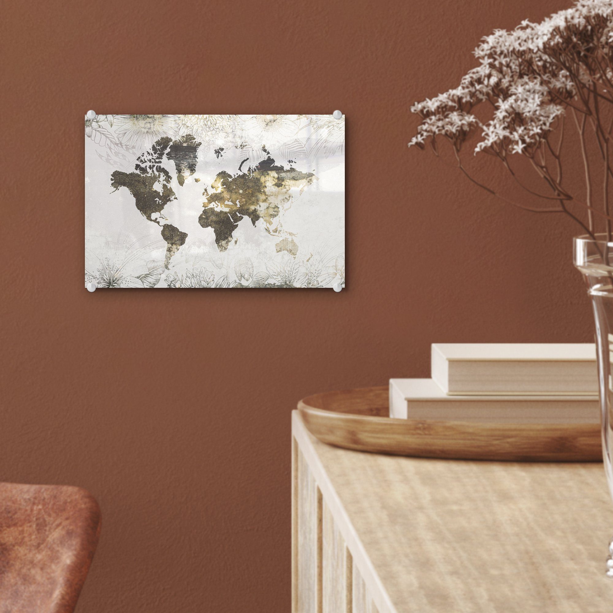 auf Weltkarte - Foto Blumen Glas Bilder St), Wandbild - (1 Gold, - Acrylglasbild MuchoWow - Wanddekoration - auf Glas Glasbilder