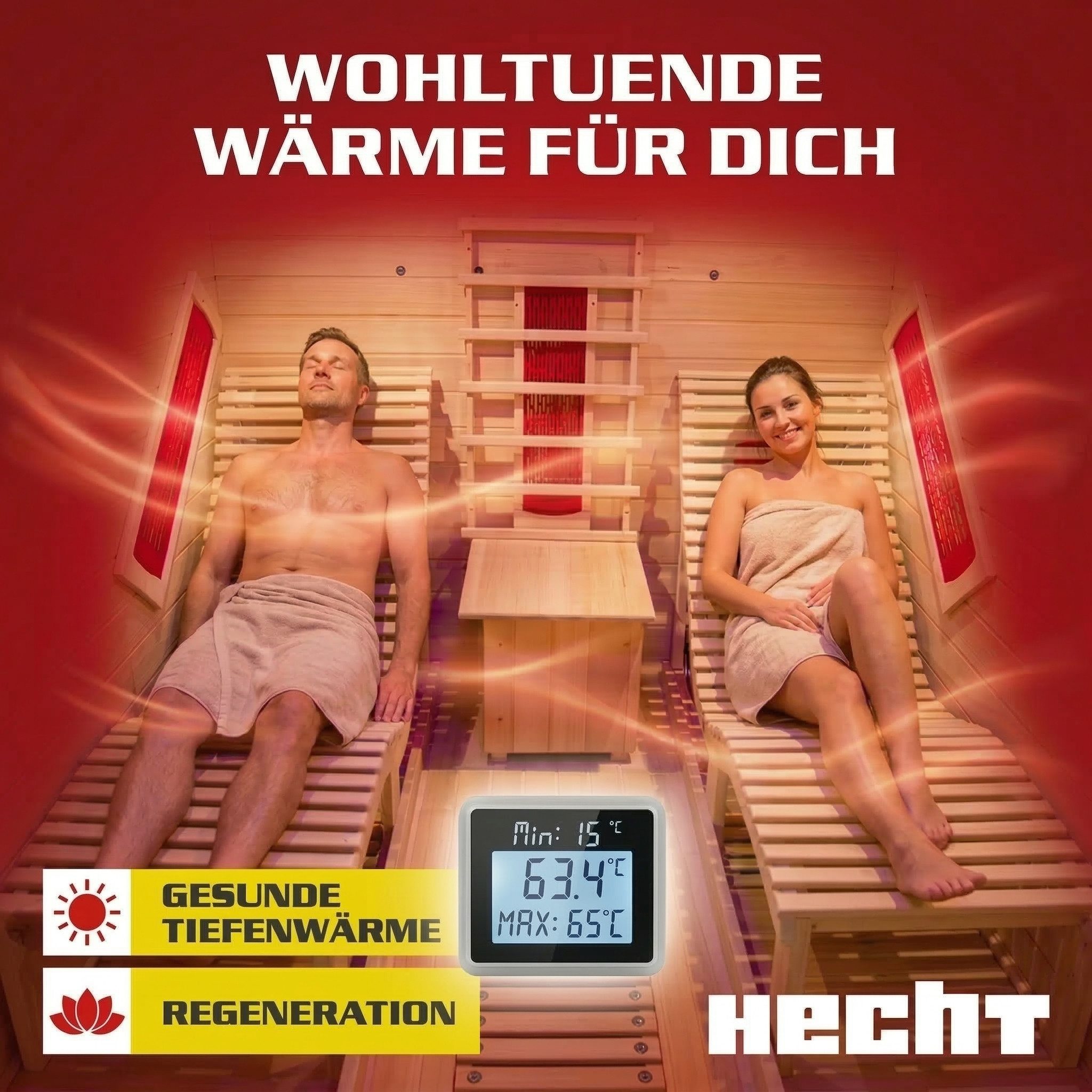 Hecht Infrarotkabine Heim Sauna Fantasy Indoor, 2 Personen, 12 Heizstrahler, 3450W, 7 Flächenstrahler, 5 Keramikstrahler, Lichttherapie, 180x180x190cm